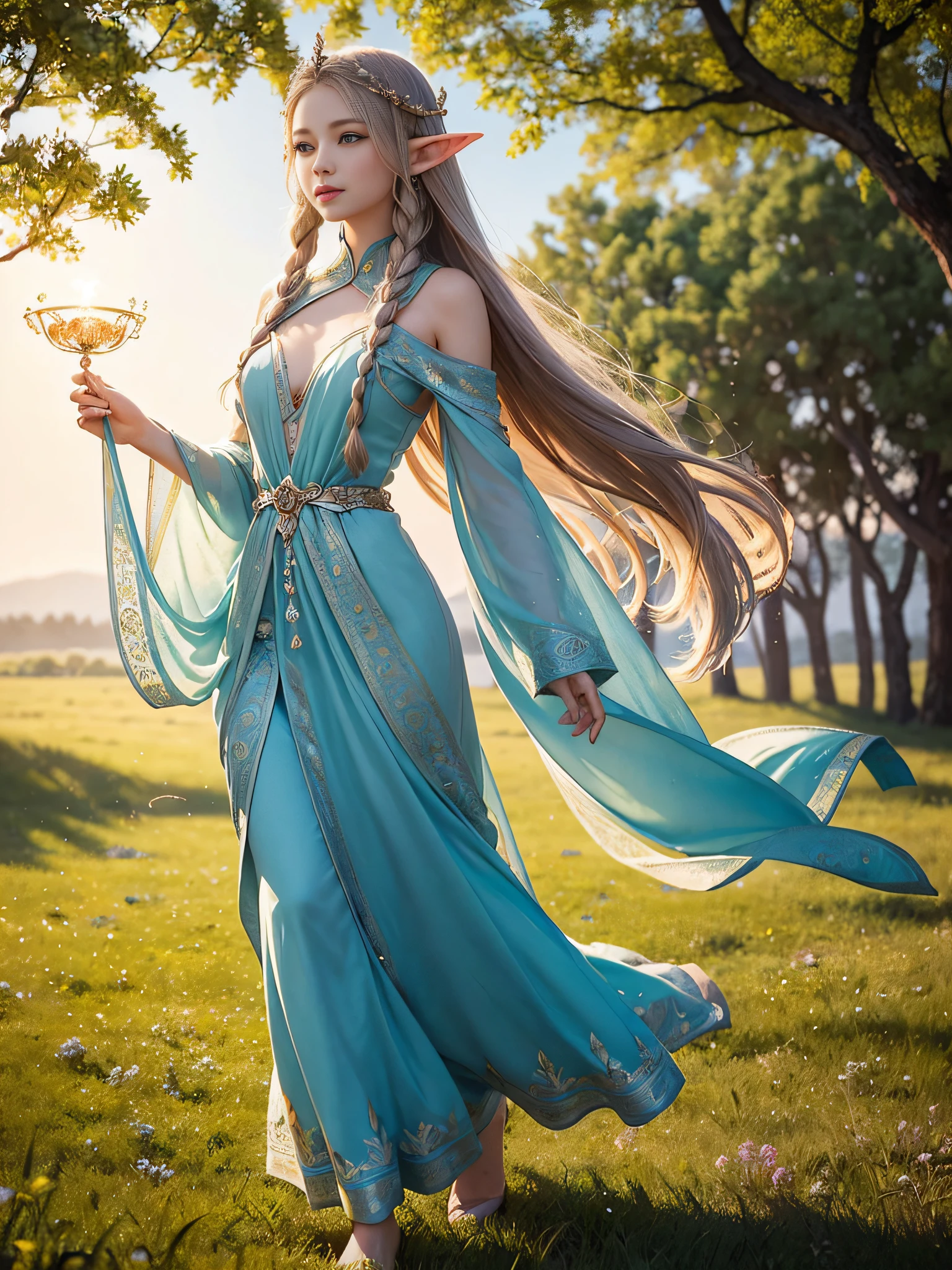 Graceful elven girl standing in meadow, Delicate face illuminated by the soft light of the setting sun. Her long, Flowing hair runs down your back, Decorated with intricate braids、Adorned with sparkling gemstones. This great photo is、、、It captures the ethereal beauty of elves. Slender figure in silk dress、Swaying in the soft steppe breeze. Attention to detail、Face that is、Face that is、Face that is、Face that is、It is evident in the intricate patterns of the dress and the subtle highlights of the luminescence. skin. The breathtaking portrayal of the elven girl is、、、、、Create an enchanting atmosphere、It invites the viewer to a magical world.