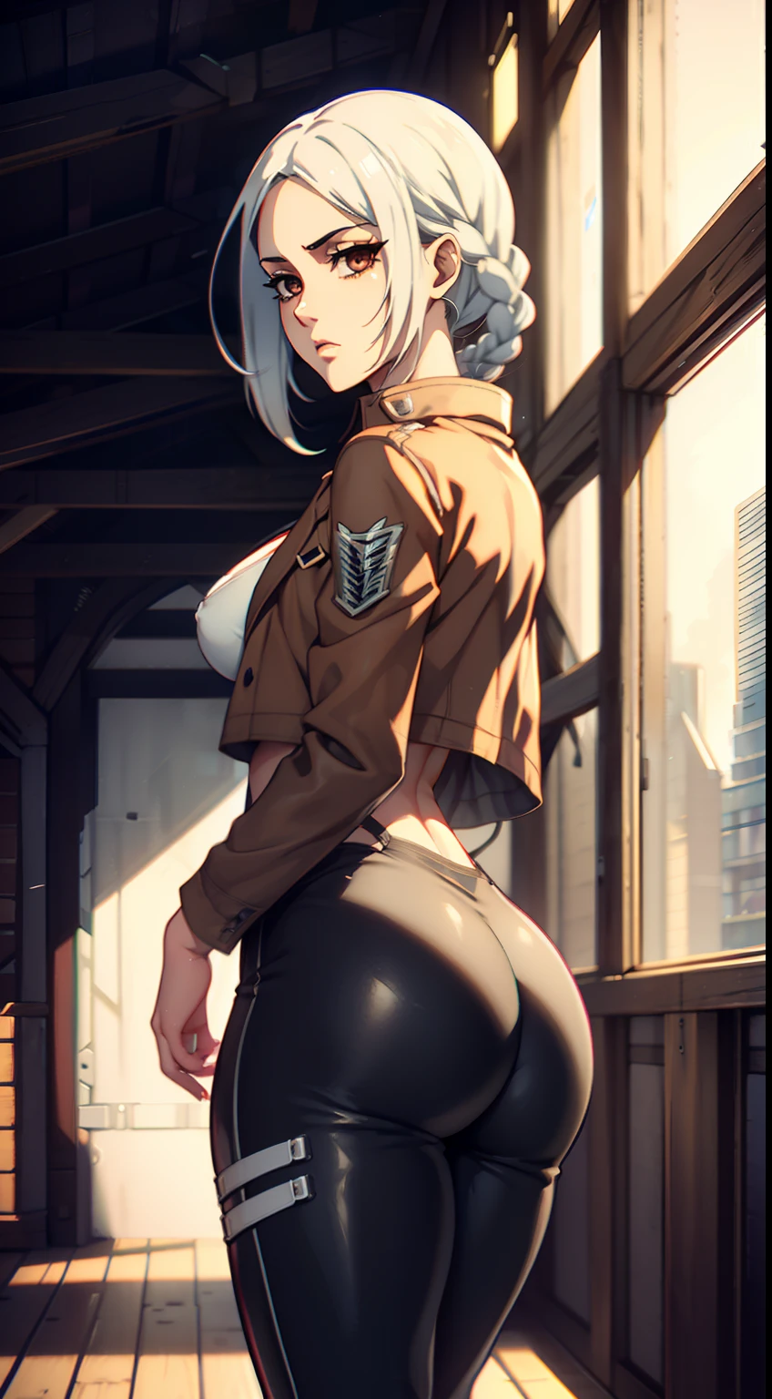 photo portrait, Beautiful figure, Lucy from the anime series Cyberpunk Edge Runner, a 1girl, facing the viewer, Beautiful figure (Proper Anatopy 1.1.), in full height (Body Full 1.1), Slim, Slender figure, Slender figure, shapely legs, leather pants, Anime style, white colored hair, white colored hair, that disappear at the ends, Bob hairstyle, short white jacket, tight black suit, Cutouts on the shoulders, Cutouts on the chest, Skinny black leather pants, Very detailed face, Very beautiful face, Very sexy ass, in full height (Body Full 1.1), Tall android girl, small elastic breasts, Little ass, Hair is gathered in a braid, Beautiful slim figure, small buttocks, A braid around the head, Round braid, Red Star in the Forehead, Short Brown Jacket, black tight suit, darkly,gris & Dark Style:1.1), Light, femininity,tmasterpiece,beste-Qualit,higly detailed,Visible to the feet, 8K resolution, High Sharp, 8K resolution, higly detailed, 8K UHD, Professional lighting, Photon mapping,physical based rendering, a perfect face, detailed face and body, ray traced, expressive look, Cinmatic Lighting,elastic small breasts, Heightened sexuality,