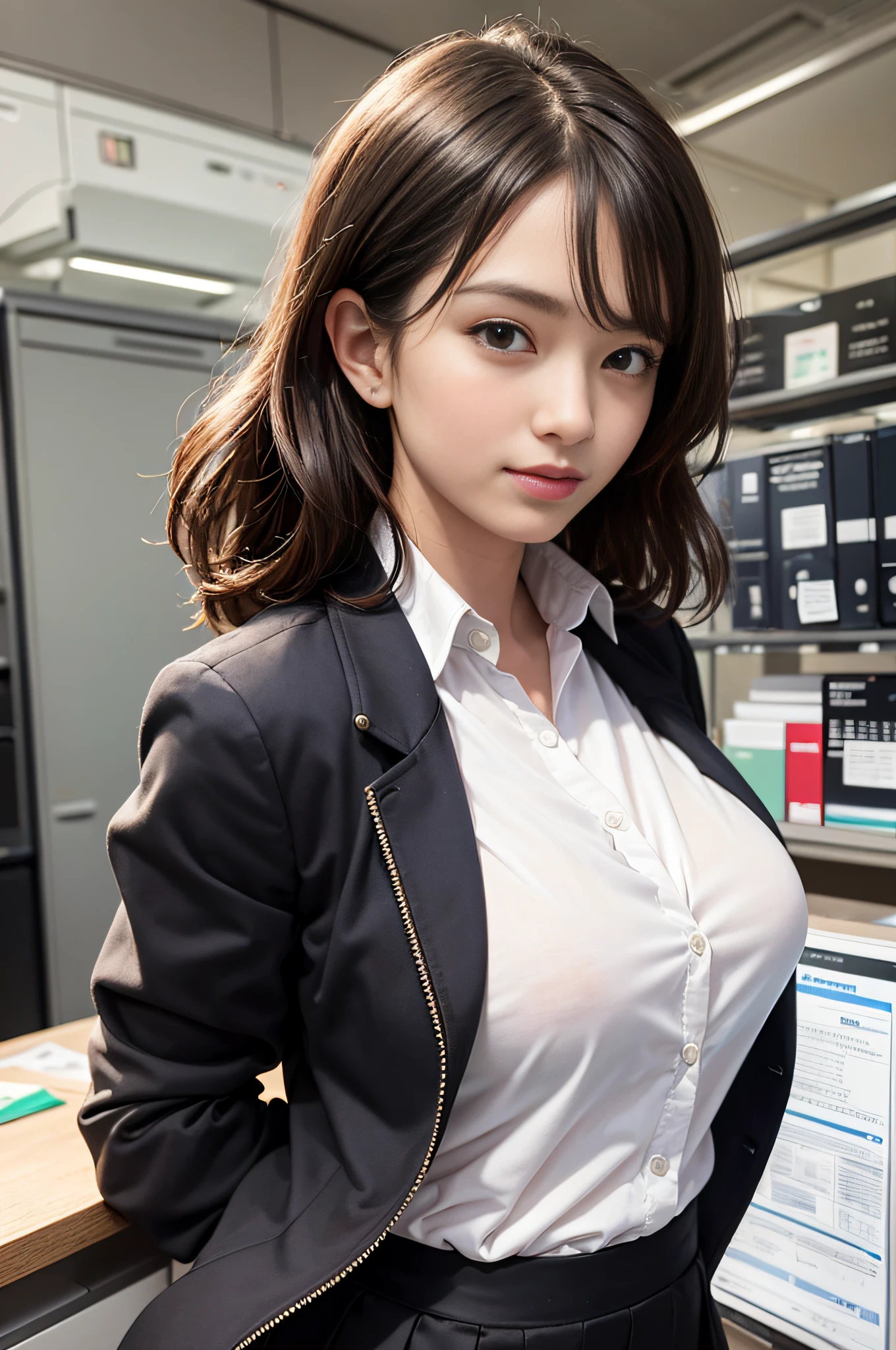 (office jacket), cowboy shot, white shirt, unbuttoned, (black skirt), office, volumetric lighting, wedgie clothes, erotic atmosphere, Masterpiece, Best Quality, High Resolution, shiny skin, cute girl, realistic,brown drill hair, nsfw, seductive smile, (from side), (ID card), Strong-minded woman,Commercial photocopier
