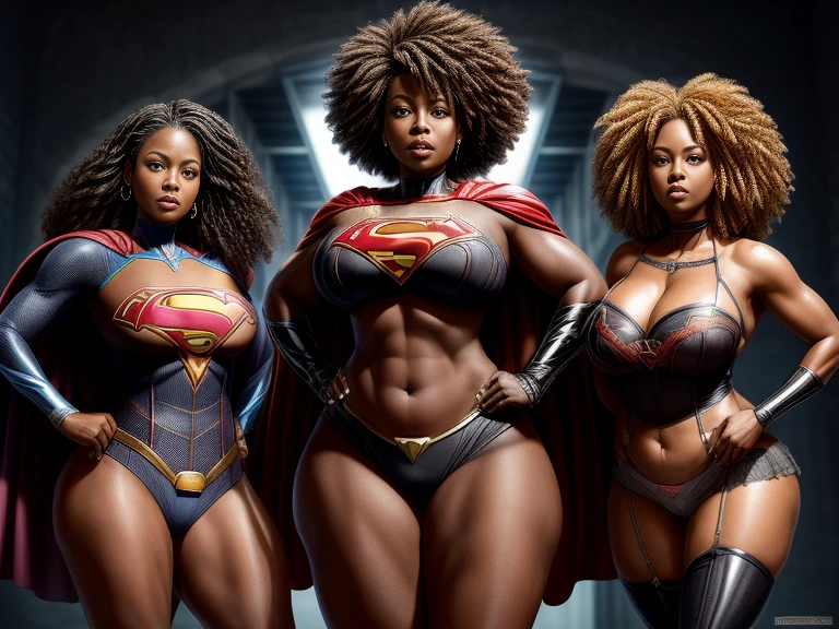 (Obra-prima Black woman beautiful , superheroine), (Ebony Pelé), (BBW, 45 Anos de idade), quadris enorme, cintura fina, (seios grandes: 1,9), (clivagem profunda), tiro da cintura, (cabelos longos e lisos), (Supergirl constume sexy) , coxas grossas, pernas grossas, sensual, hot, is hurting, (Sagging Tits: 1,9) , decotes enormes. ((mesmo personagem, headpe,, side))