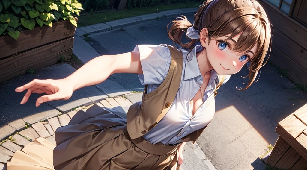 1girl, solo, mediaval, village, houses, people, street, brown hair, parted hair, ponytail, large breasts, button down, ((light brown vest sweeter)), dark blue eyes, ((white shirt)), ((unbuttoned shirt)), ((short sleeved shirt)), ((long brown skirt)), brown shoe, smile, looking at the viewer, standing, hair ribbon