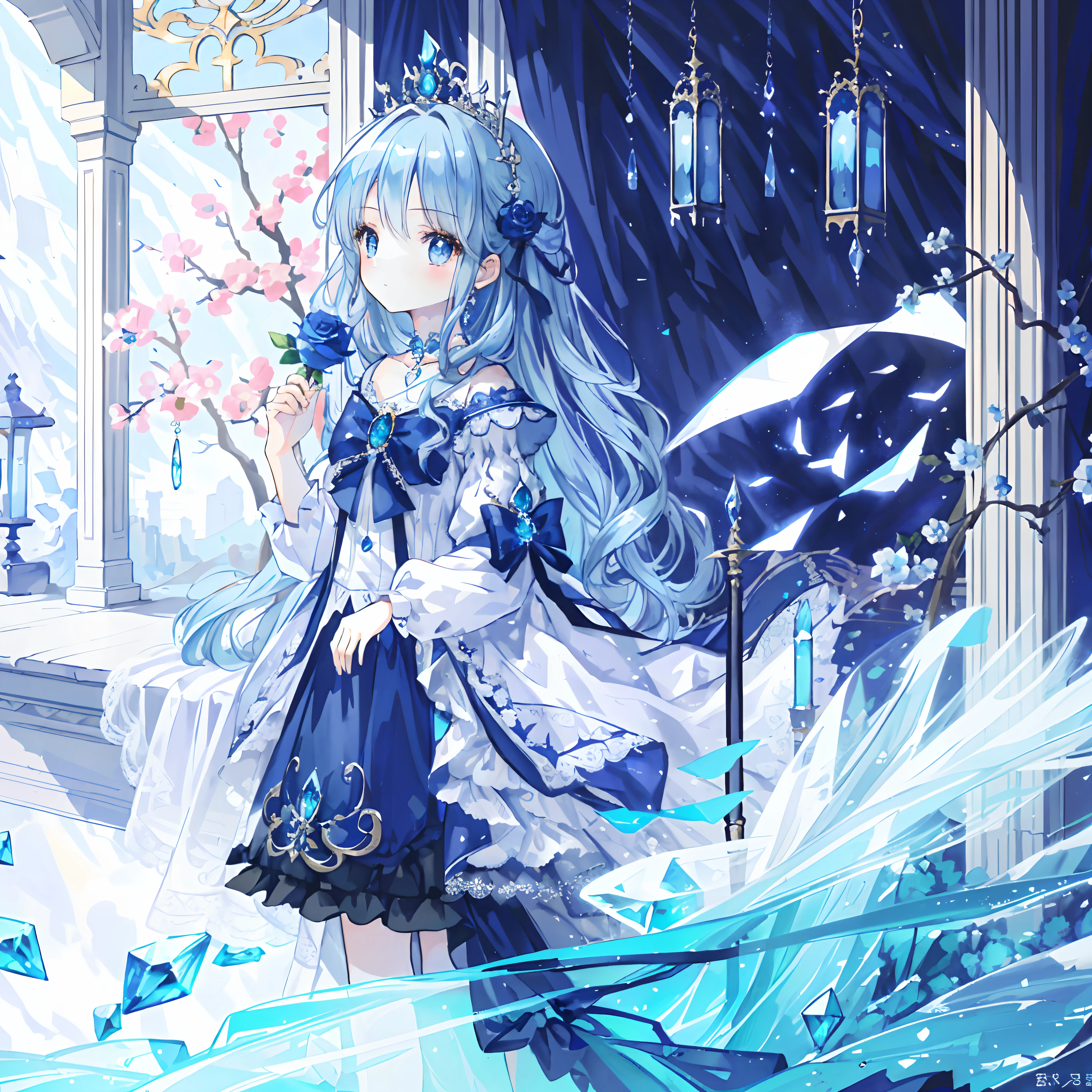 (Masterpiece), (Best quality), (1 girl)), Amazing, Beautiful detail eyes, Fine details, Depth of field, Original, ((Best quality)), ((Super detailed)), (Best Illustration), (BEST lighting, Best shadow), (Very delicate and beautiful)), Very detailed wallpaper, Dream background, landscape, young girl, Loli, full bodyesbian, Single, Petite, Gothic, Sapphire eyes, long and flowing hair，Paired with half a sapphire, ahoge, Wavy shoulder-length sapphire hair, Sapphire hair accessories , Blue rose