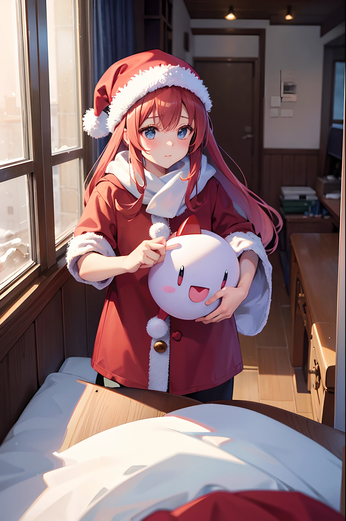 Christmas, Kirby in a Santa hat, Indoors, Snow outside the diamond window, winter