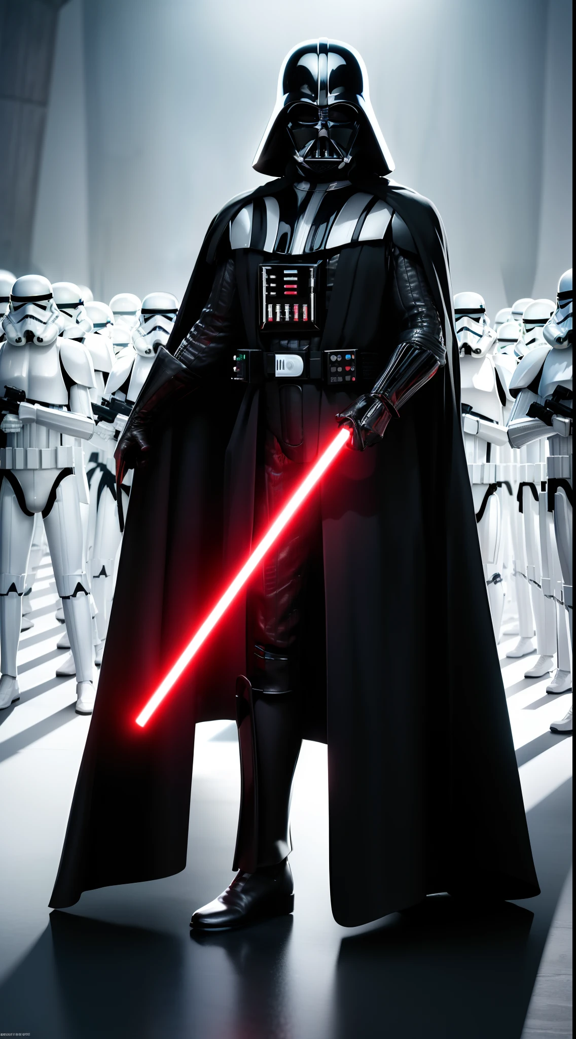 darth vader standing in front of a group of storm troopers in a room,
holding lightsabe in his hands, walking across a bunch of stormtroopers behind him,
Black_outfit,hood, hood_up, boots, darth vader helmet,cape,armor, shoulder armor, armored boots,  
glowing_sword, glowing_weapon,holding_sword, holding_weapon, hood, laser, lightsaber,holding a lightsaber,energy_sword, glowing, glowing_weapon,
darth vader,
1 Man, looking at viewer,(closed mouth:1.0),
NSFW,official art,extremely detailed CG unity 8k wallpaper, perfect lighting,Colorful, Bright_Front_face_Lighting,
(masterpiece:1.0),(best_quality:1.0), ultra high res,4K,ultra-detailed,
photography, 8K, HDR, highres, absurdres:1.2, Kodak portra 400, film grain, blurry background, bokeh:1.2, lens flare, (vibrant_color:1.2)