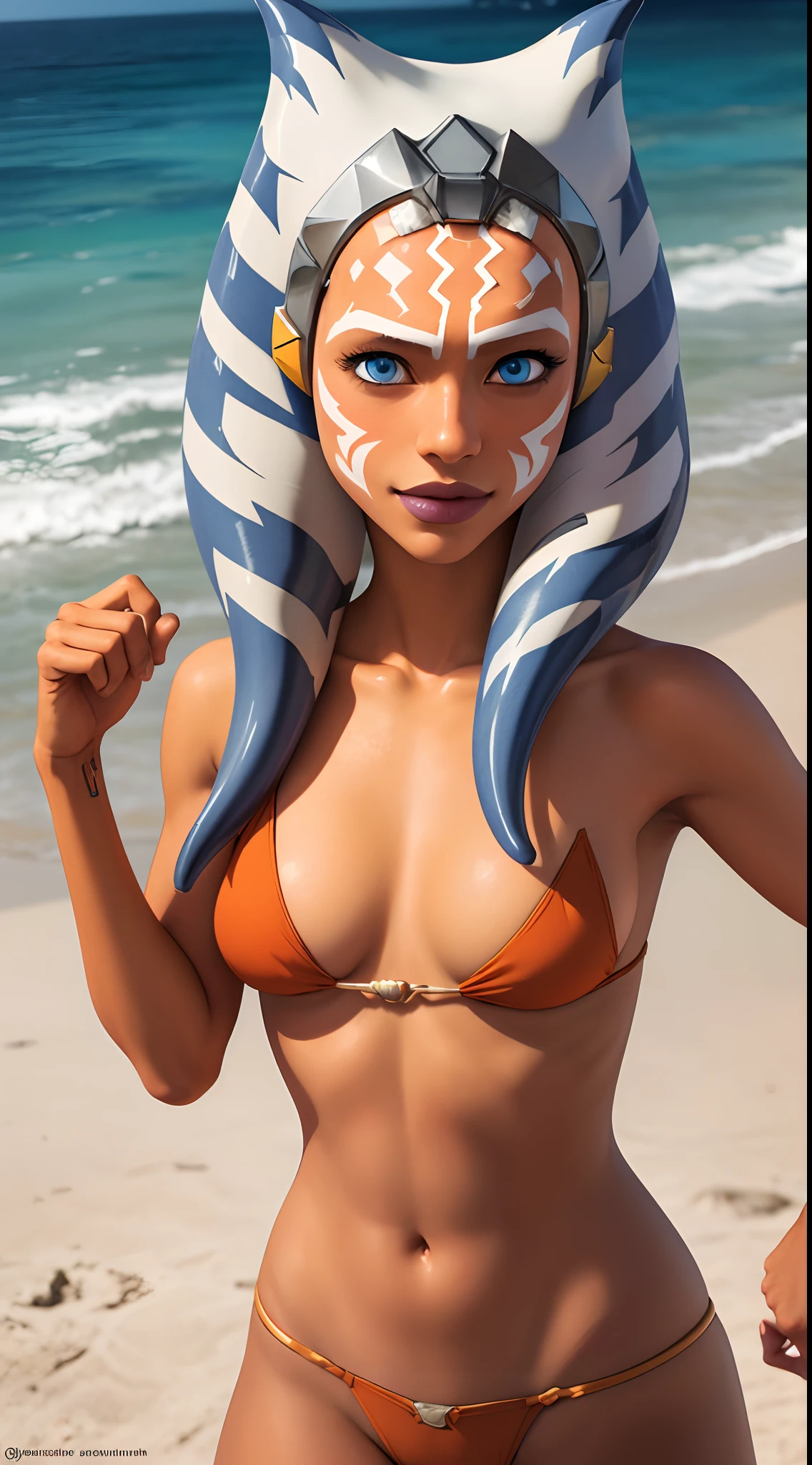 (masterpiece, best quality), 1girl, beautiful face,   ahsoka_tano, orange skin, facial mark, tattoo