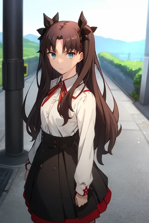 (masterpiece、top-quality:1.4)、(in 8K:1.3)、ultra-detailliert、Extremely detailed light and shadow、1girl in、(tohsaka-rin:1.3)、Twin-tailed、(extra detailed face:1.2)、a closeup、耳环、Blue eyes, Looking at the viewer, from the front side, college girls, Breasts are big,A dark-haired、Black skirt