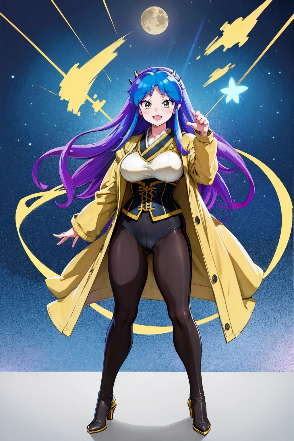 masterpiece, best quality,, corset, breastplate,lum, , urusei yatsura, cloak, pants, pullover kimono,martial pov,, pantyhose, sharpteeth, standing,smile, matial art,, full body, boots , pant, medium breast, pants, pullover,martial pov,god rays, ray tracing, sparkle, cinematic lighting, UHD, retina, masterpiece, ccurate, anatomically correct, textured skin, super detail, high details, high quality, award winning, best quality, highres, 1080P, HD, 4K, thunder aura, light aura, sharpteeth,, super powers, full body, standing, kimono