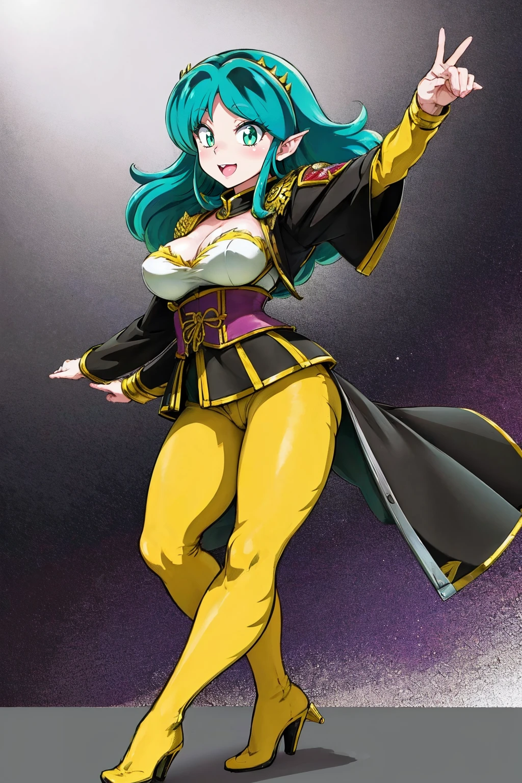 masterpiece, best quality,, corset, breastplate,lum, , urusei yatsura, cloak, pants, pullover kimono,martial pov,, pantyhose, sharpteeth, standing,smile, matial art,, full body, boots , pant, medium breast, pants, pullover,martial pov,god rays, ray tracing, sparkle, cinematic lighting, UHD, retina, masterpiece, ccurate, anatomically correct, textured skin, super detail, high details, high quality, award winning, best quality, highres, 1080P, HD, 4K, thunder aura, light aura, sharpteeth,, super powers, full body, standing, kimono