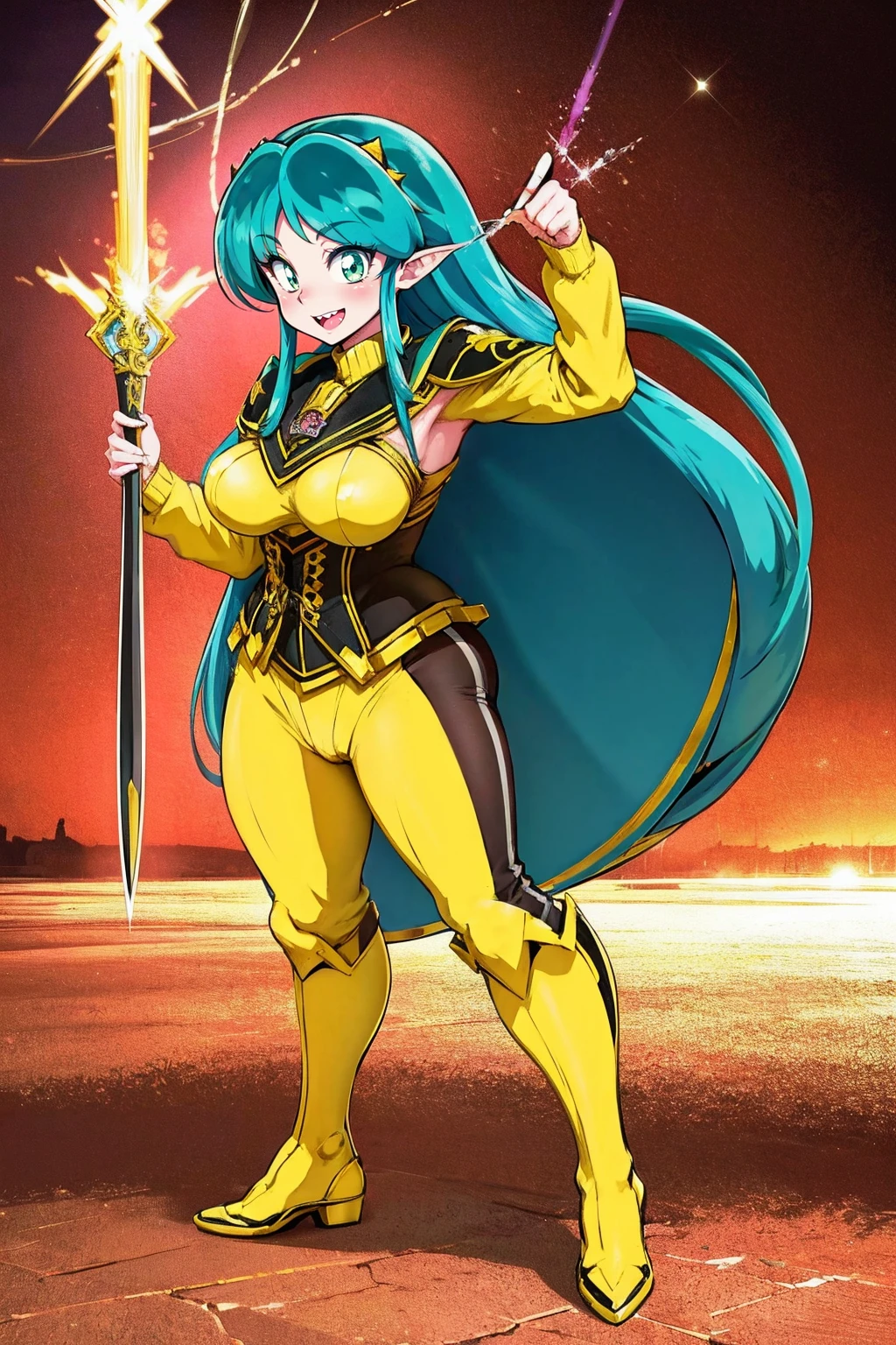 masterpiece, best quality,, corset, breastplate,lum, , urusei yatsura, cloak, pants, pullover kimono,martial pov,, pantyhose, sharpteeth, standing,smile, matial art,, full body, boots , pant, medium breast, pants, pullover,martial pov,god rays, ray tracing, sparkle, cinematic lighting, UHD, retina, masterpiece, ccurate, anatomically correct, textured skin, super detail, high details, high quality, award winning, best quality, highres, 1080P, HD, 4K, thunder aura, light aura, sharpteeth,, super powers, full body, standing, kimono