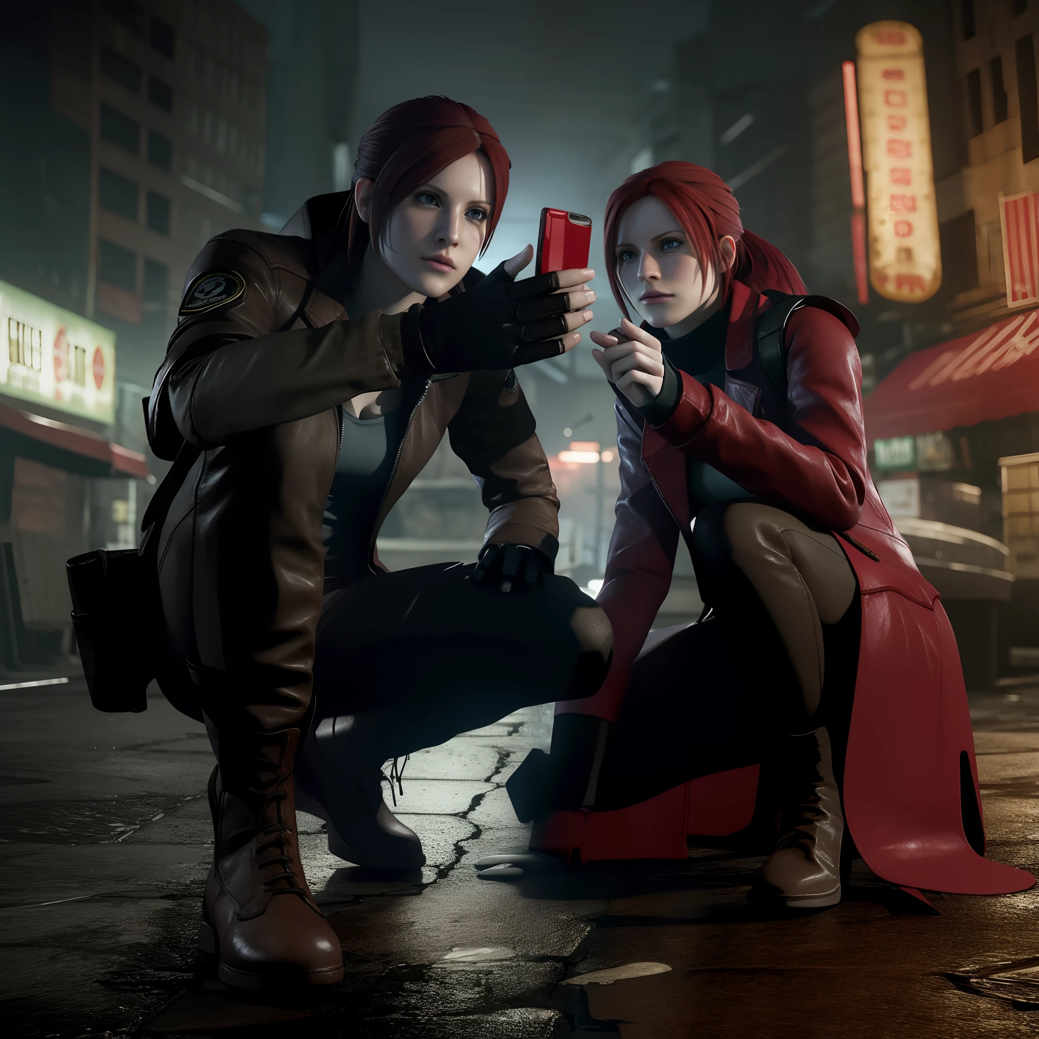 Claire redfield, beautiful face, red long hair, perfect Face, wearing redcoat , wearing hoody, black nail polish, Carefree expression