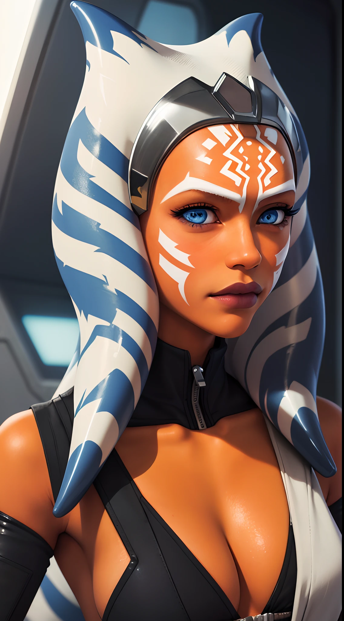 (masterpiece, best quality), 1girl, beautiful face,   ahsoka_tano, orange skin, facial mark, tattoo