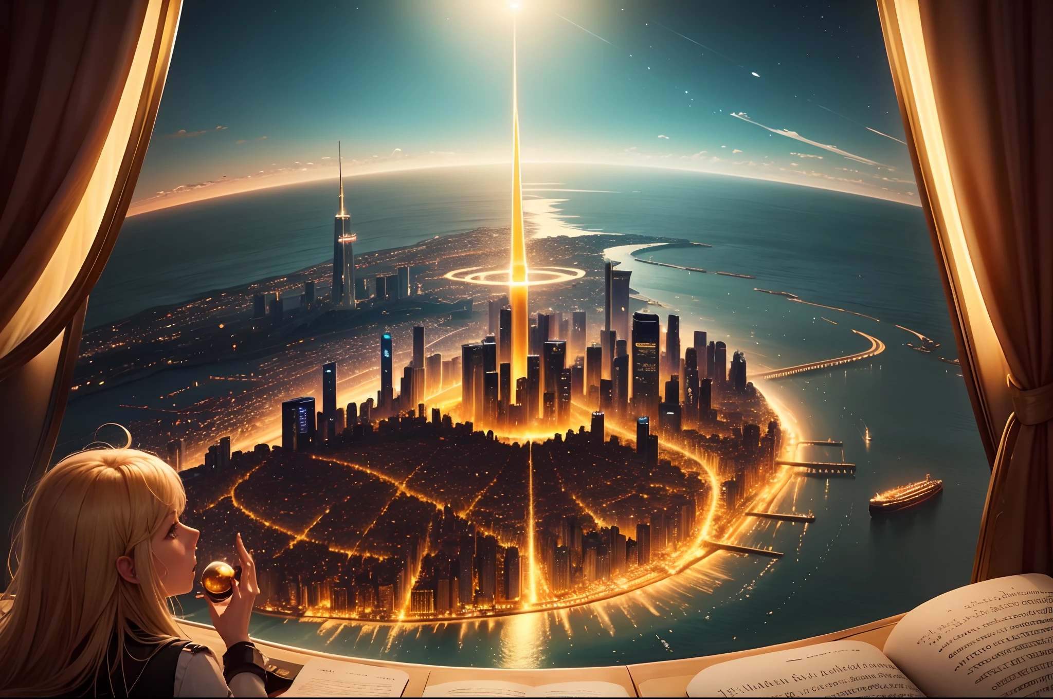 from the sea looking out over the horizon is the golden city of lights, a golden-bronze utopian sci fi paradise city that is home free to all who seek asylum from their past and know of it. However, there are few who know of the city of lights, and you can know if it through song.