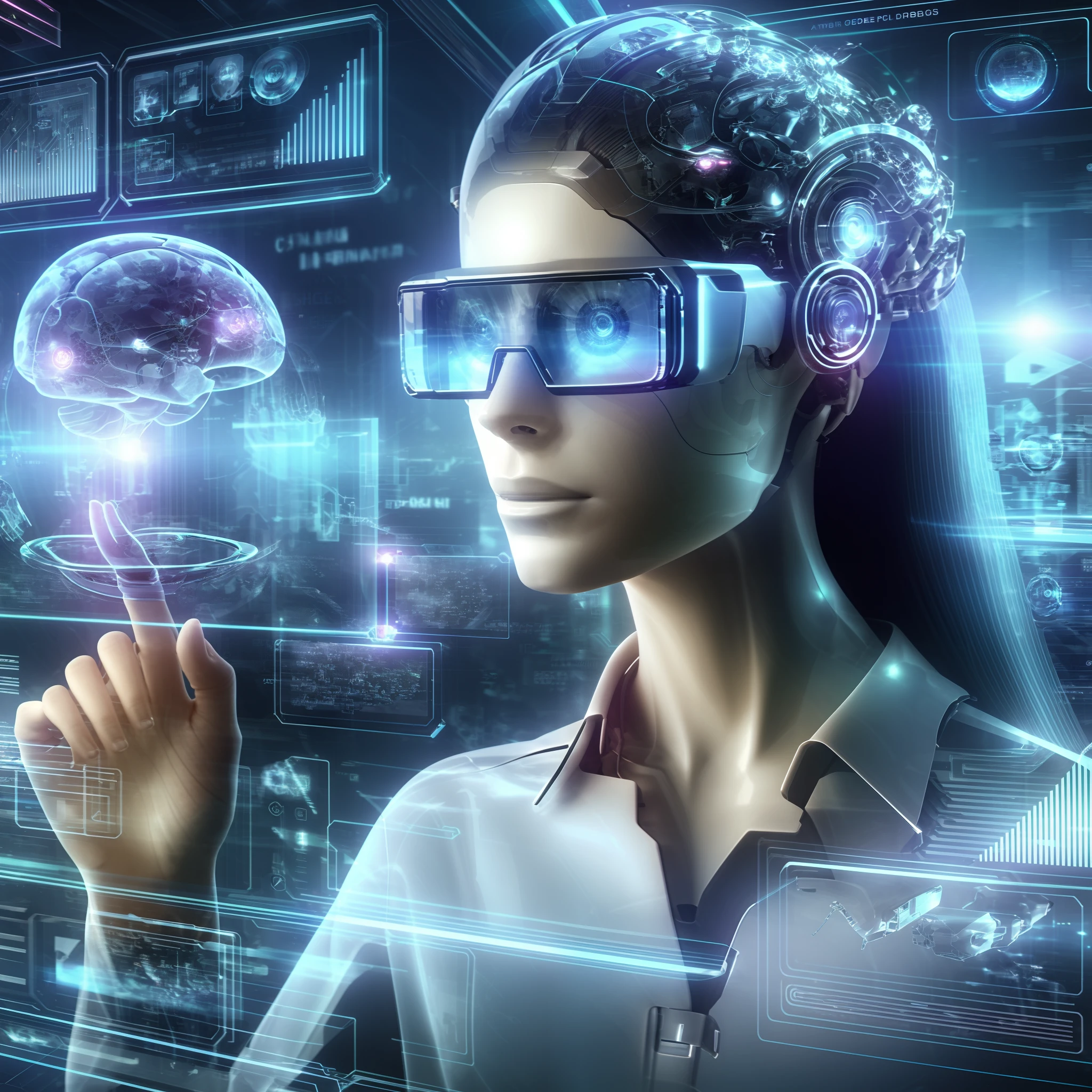 a woman in virtual glasses touching a virtual brain, augmented vision, augmented cyborg, the image is futuristic, futuristic ar glasses, cyberpunk transhumanist, digital reality, computers and holograms, augmented cyborgs, ar glasses, ai researcher, tech glasses, augmented reality, cyberpunk tech, future tech, digital glasses, futuristic, the encrypted metaverse