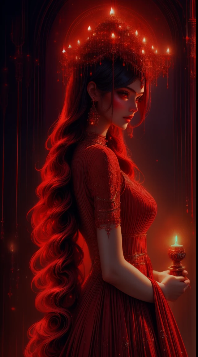 a woman in a red dress holding a lit candle in her hands, beautiful digital illustration, beautiful digital artwork, hindu aesthetic, stunning digital illustration, beautiful character painting, gorgeous digital painting, maya ali sorceress, exquisite digital illustration, beautiful digital painting, fantasy gorgeous lighting, beautiful cinematic lighting, fanart, red and cinematic lighting, beautiful ambiance, beautiful ambience