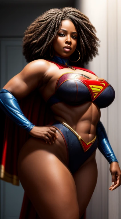 (Obra-prima Black woman beautiful , superheroine), (Ebony Pelé), (BBW, 45 Anos de idade), quadris enorme, cintura fina, (seios grandes: 1,9), (clivagem profunda), tiro da cintura, (cabelos longos e lisos), (Supergirl constume sexy) , coxas grossas, pernas grossas, sensual, hot, is hurting, (Sagging Tits: 1,9) , decotes enormes. ((mesmo personagem, headpe,, side)), It's in a white room