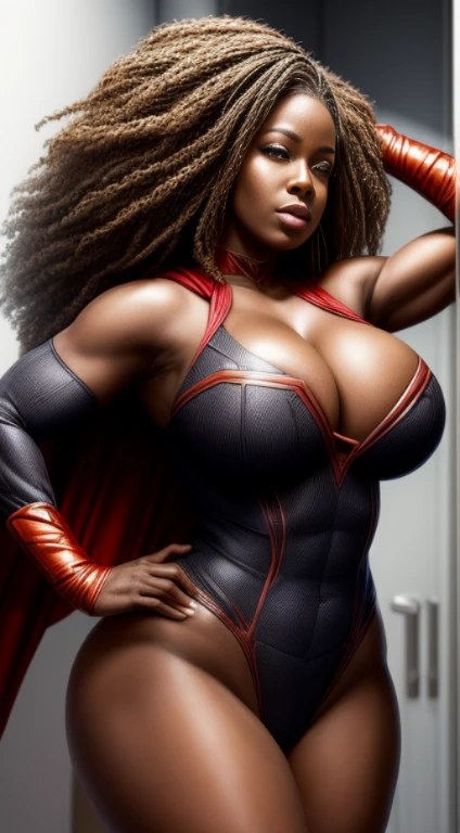 (Obra-prima Black woman beautiful , superheroine), (Ebony Pelé), (BBW, 45 Anos de idade), quadris enorme, cintura fina, (seios grandes: 1,9), (clivagem profunda), tiro da cintura, (cabelos longos e lisos), (Supergirl constume sexy) , coxas grossas, pernas grossas, sensual, hot, is hurting, (Sagging Tits: 1,9) , decotes enormes. ((mesmo personagem, headpe,, side)), It's in a white room
