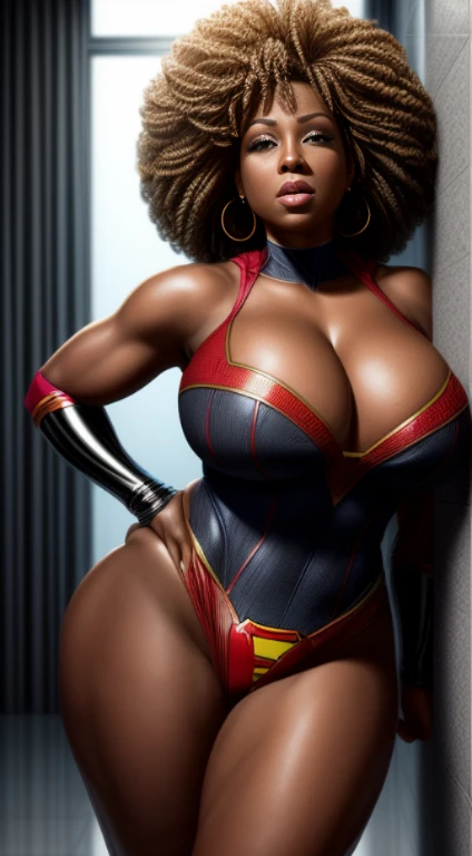 (Obra-prima Black woman beautiful , superheroine), (Ebony Pelé), (BBW, 45 Anos de idade), quadris enorme, cintura fina, (seios grandes: 1,9), (clivagem profunda), tiro da cintura, (cabelos longos e lisos), (Supergirl constume sexy) , coxas grossas, pernas grossas, sensual, hot, is hurting, (Sagging Tits: 1,9) , decotes enormes. ((mesmo personagem, headpe,, side)), It's in a white room