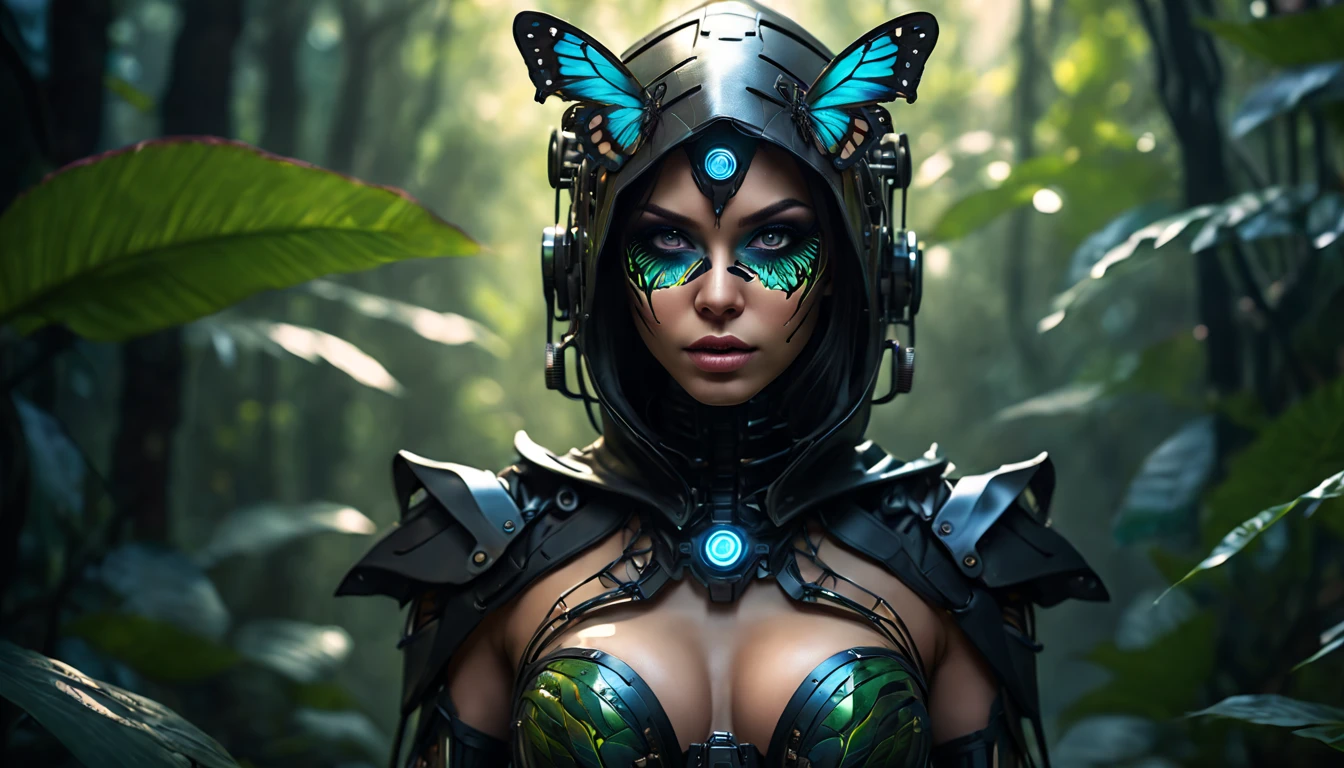 Fantasy, digital painting, dreamlike aesthetic, (best quality: 1.3), (8K), (large master photo), (edited hair), (vivid colors), perfect anatomy, perfect face, symmetrical face, perfect eyes, symmetrical eyes , (intricate details:1.3), vivid colors, ((dark shadows), (extreme details:1.3), ((natural light)), (divine rays), highlights on the skin,
Beautiful and exotic assassin sneaks through the dark with ((mechanical green butterfly wings)), overgrown jungle, hunting for prey, lithe, sexy, camouflaged with body and face paint, she wears a black open coat with a hood, dark rainforest, cleavage, plants in the foreground, background: dense primeval jungle), erotic, sexual, sensual, cyborg, cable, glowing, fighting stance, fighting pose, perfect face, absurdres, extremely detailed, ((correct anatomy)),
hyperdetailed face, hyperdetailed body, Hyperdetailed limbs, hyperdetailed background, (detailed face), detailed eyes, perfect face, (expressive eyes), (masterpiece), natural lighting, 8k, dynamic composition, epic, exquisite composition, professional photography, canon eos d5,togruta, cyborg, cable, glowing, mechanical parts, cyberpunk, android, ((reelmech)), god rays, ray tracing, Realism, best quality, 16k, highres, textured skin, super detail
