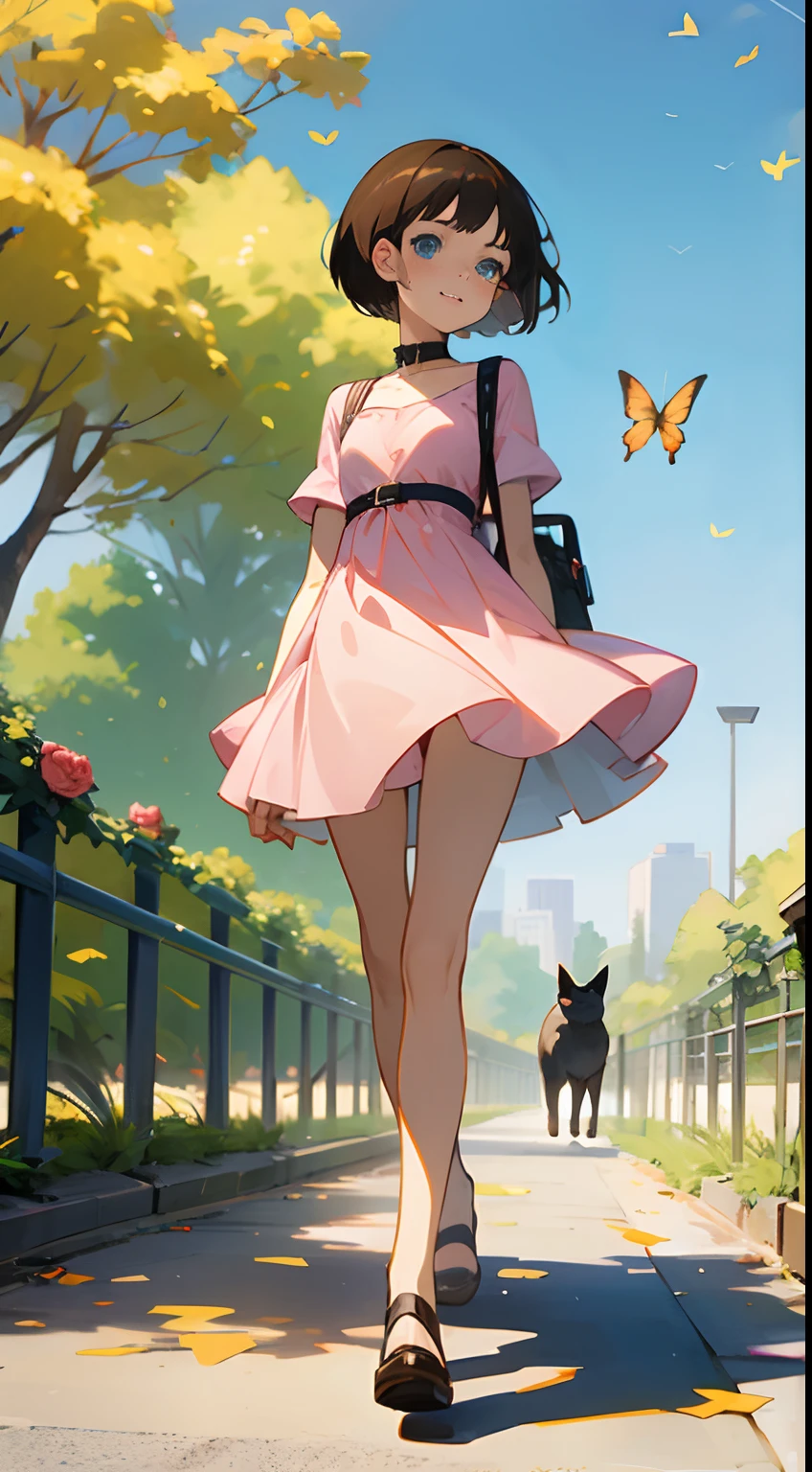 anime style
young brunette woman with short Chanel hair, blue eyes, in a rose small mini dress walking in the park with her cat on a leash,
a wind lifts the dress showing her panties,
she is smile ashamed,
on the right side add some yellow butterflies flying