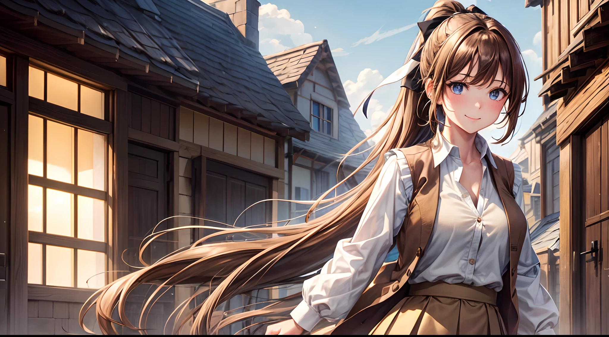 1girl, solo, mediaval, village, street, long hair, brown hair, curly hair, ponytail, large breasts, button down, ((light brown vest sweeter)), dark blue eyes, ((white shirt)), ((unbuttoned shirt)), ((long brown skirt)), smile, looking at the viewer, standing, hair ribbon