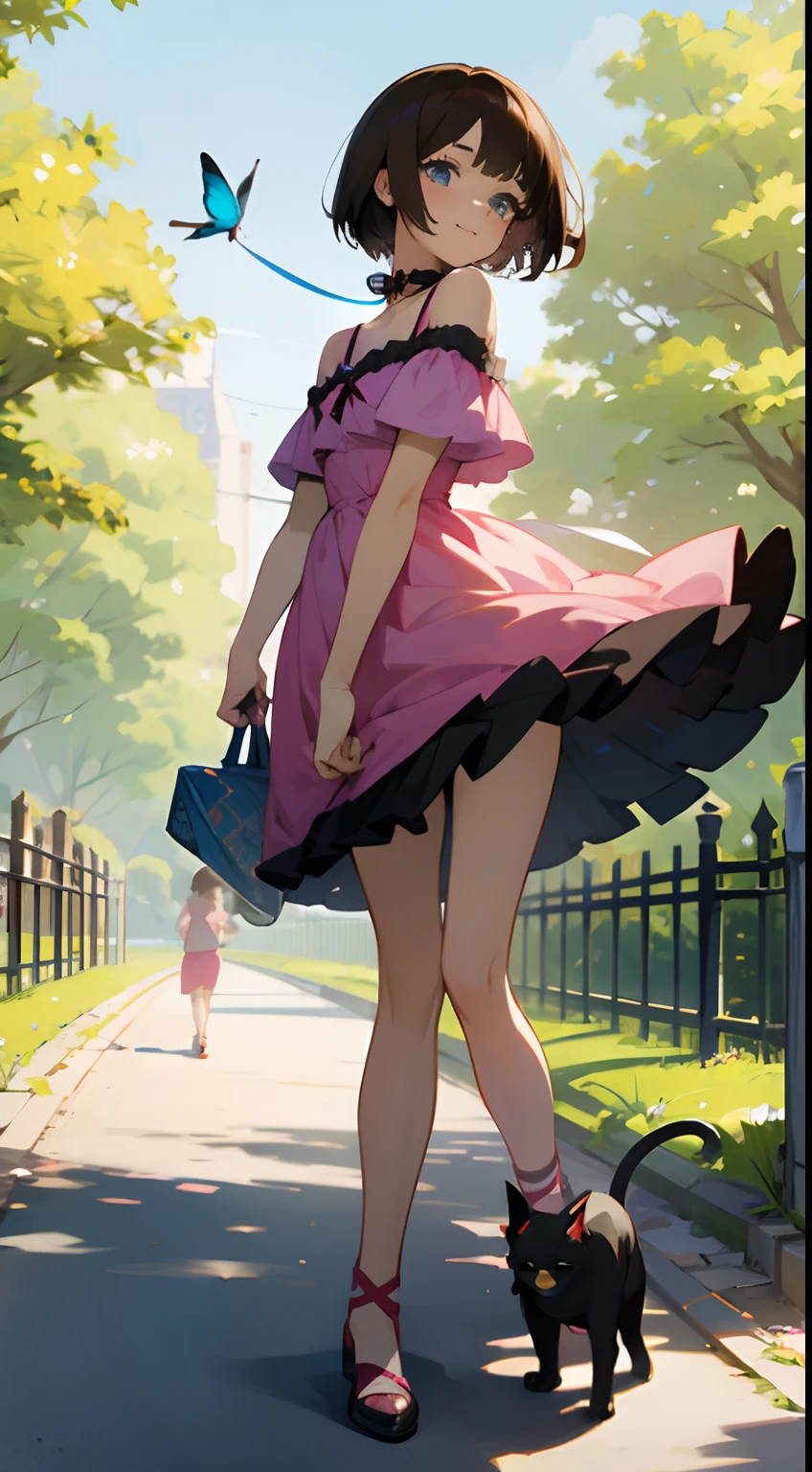 anime style
young brunette woman with short Chanel hair, blue eyes, in a rose small mini dress walking in the park with her cat on a leash,
a wind lifts the dress showing her panties,
she is smile ashamed,
on the right side add some yellow butterflies flying