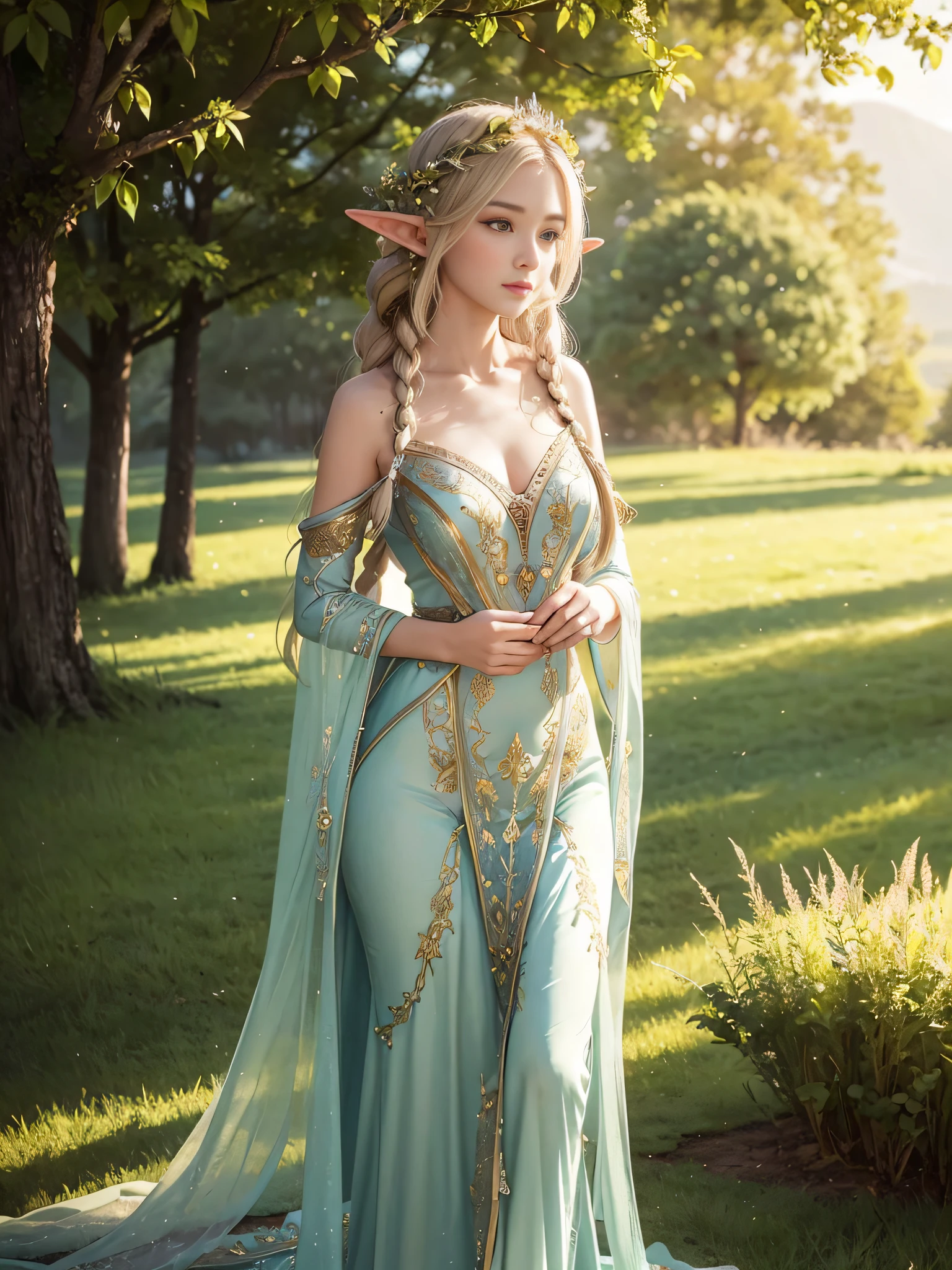 Masterpiece, (Elven beauty: Galadriel:0.5), captivating, ethereal, emerald armor glowing softly on fair complexion, silver sword in hand, piercing blue eyes, long blonde hair cascading down back, delicate features, intricate golden details on armor, elven characteristics, high detail textures, ultra high resolution (UHD, 4K), yet peaceful demeanor, elven forest background, cinematic lighting, true-to-life colors, Canon EOS R5, macro lens for close-up detail, blue and green hues accentuating the magical qualities. (High detail skin, highly detailed eyes: 1.3, sl