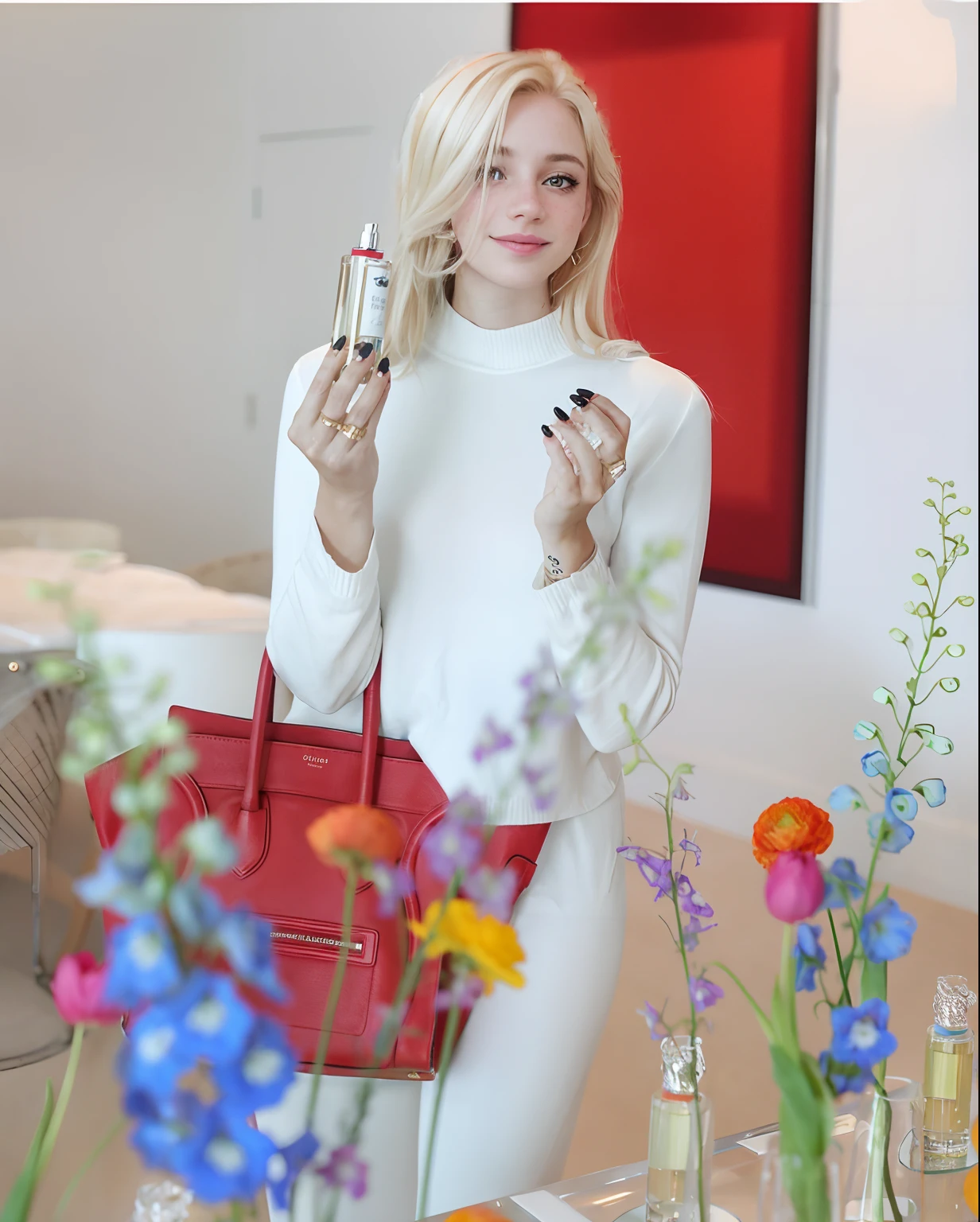 mulher, americana, 25 anos, pale skin and freckles, olhos cinzas, nariz delicado, soft and delicate lips, Cabelo blondie cinza longo e ondulados, sorriso meigo