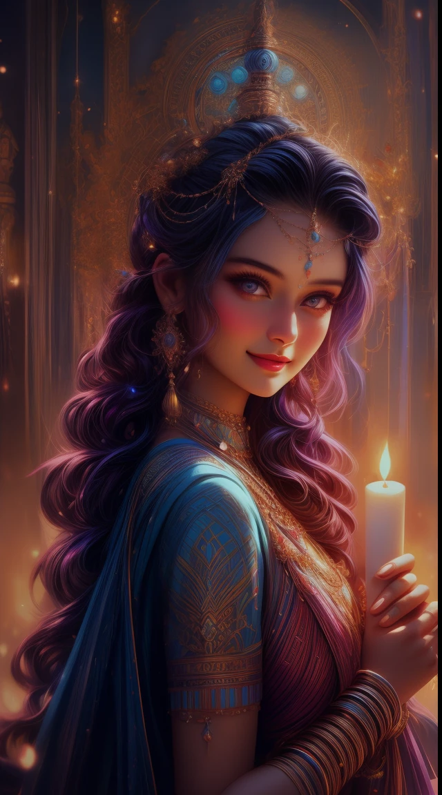 a close up of a woman holding a lit candle in her hands, hindu aesthetic, beautiful digital artwork, indian goddess, beautiful digital illustration, stunning digital illustration, beautiful avatar pictures, gorgeous digital painting, beautiful goddess, beautiful character painting, beautiful digital painting, artgerm and atey ghailan, beautiful lit, by Max Dauthendey, glowing flowing hair, wearing a blue cloth, big smile on her face