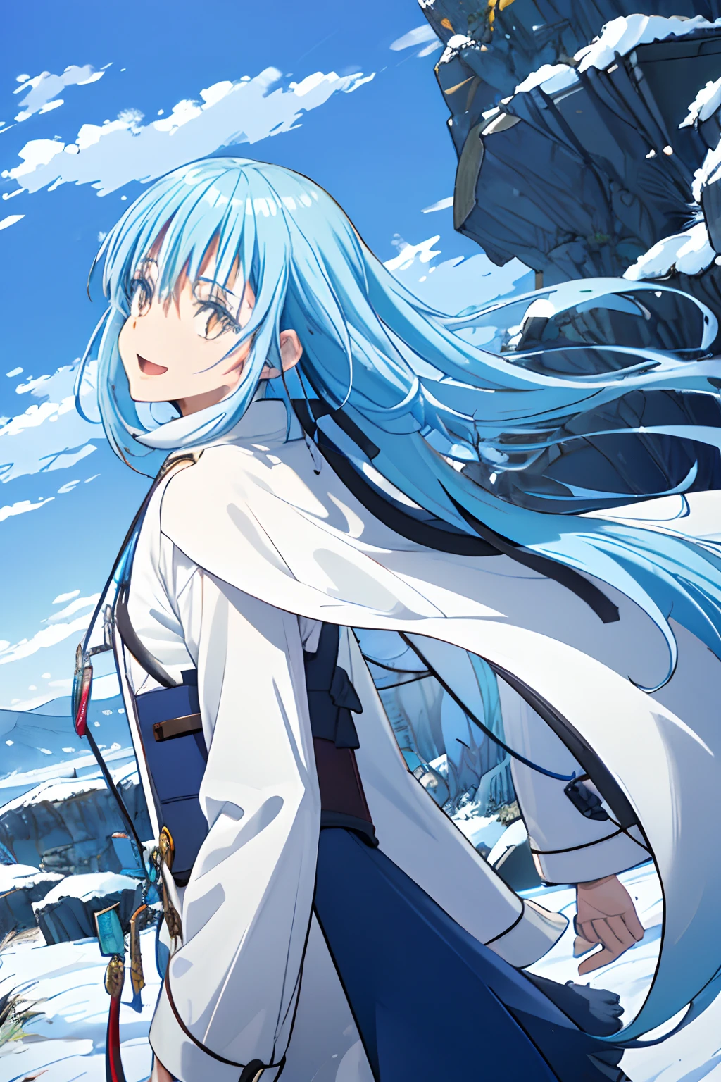 Official art, Unity 8k Wallpapers, ultra-detailliert, Beautifully Aesthetic, masterpiece, top-quality, realisitic, a closeup, Skindentation, interface, A detailed eye, A detailed face, detailed hairs, black backgrounds, straight-on, looking at the viewers, The sheen, Anime, highly detailed with reflections transparent iridescent opaque jacket, Long transparent iridescent RGB hair, 1girl in, Solo, fronds, Long hair, , Shirt, Parted lips, Outdoors, Floating hair, Long sleeves, White shirt, Bangs, Upper body, Open mouth, tusk, Brown eyes, Wind, Winters,Yuki,snowscape,Blurry background, day, depth of fields, bug,Funeral Freelen,Freelen,Light blue hair,Twin-tailed,Magazine Cover, hands in a pocket.