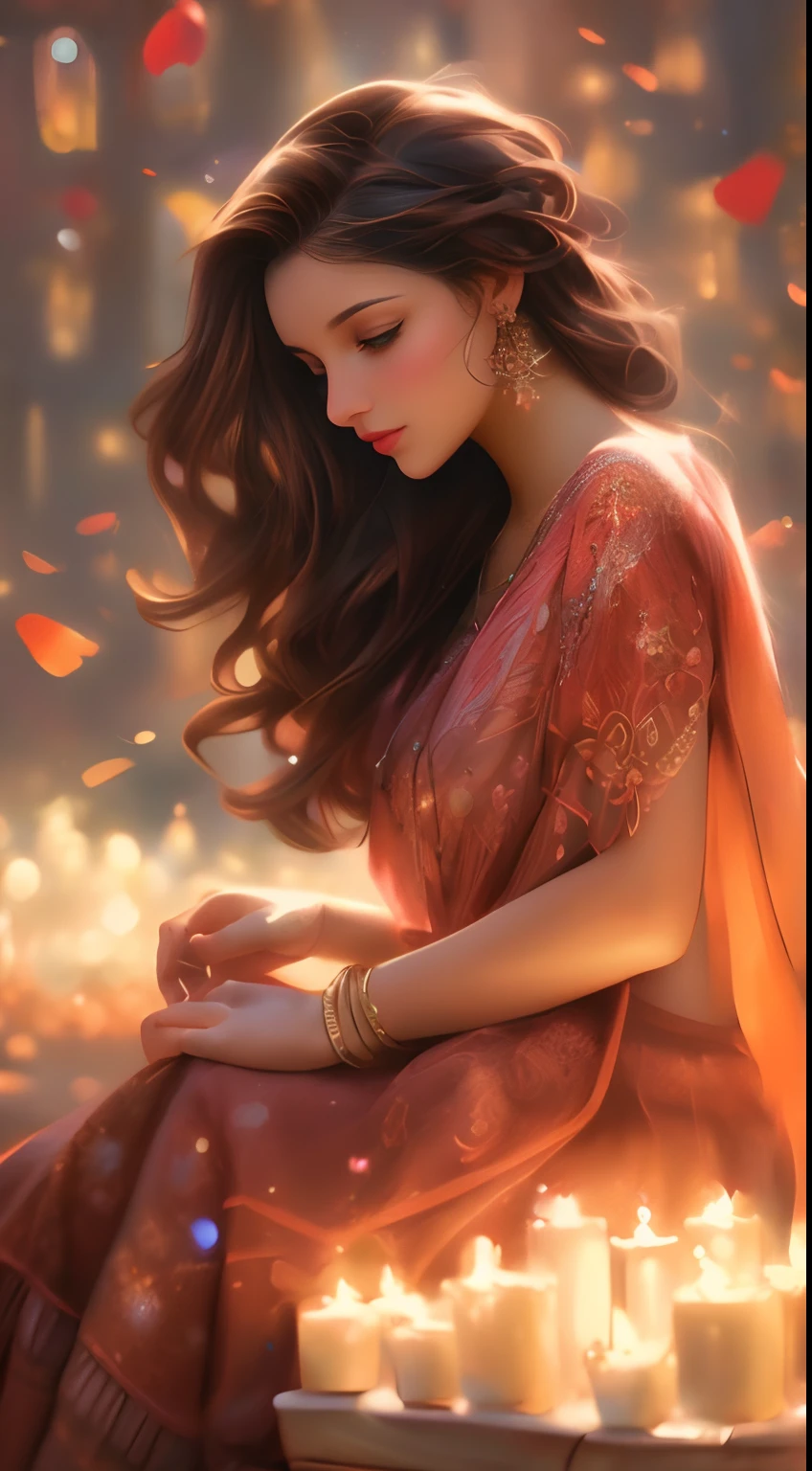 a woman sitting on a bench with candles in front of her, beautiful digital illustration, beautiful digital artwork, beautiful character painting, beautiful digital painting, gorgeous digital painting, stunning digital illustration, exquisite digital illustration, stunning digital painting, beautiful digital art, elegant digital painting, a beautiful artwork illustration, traditional beauty, painting of beautiful, gorgeous digital art, hindu aesthetic