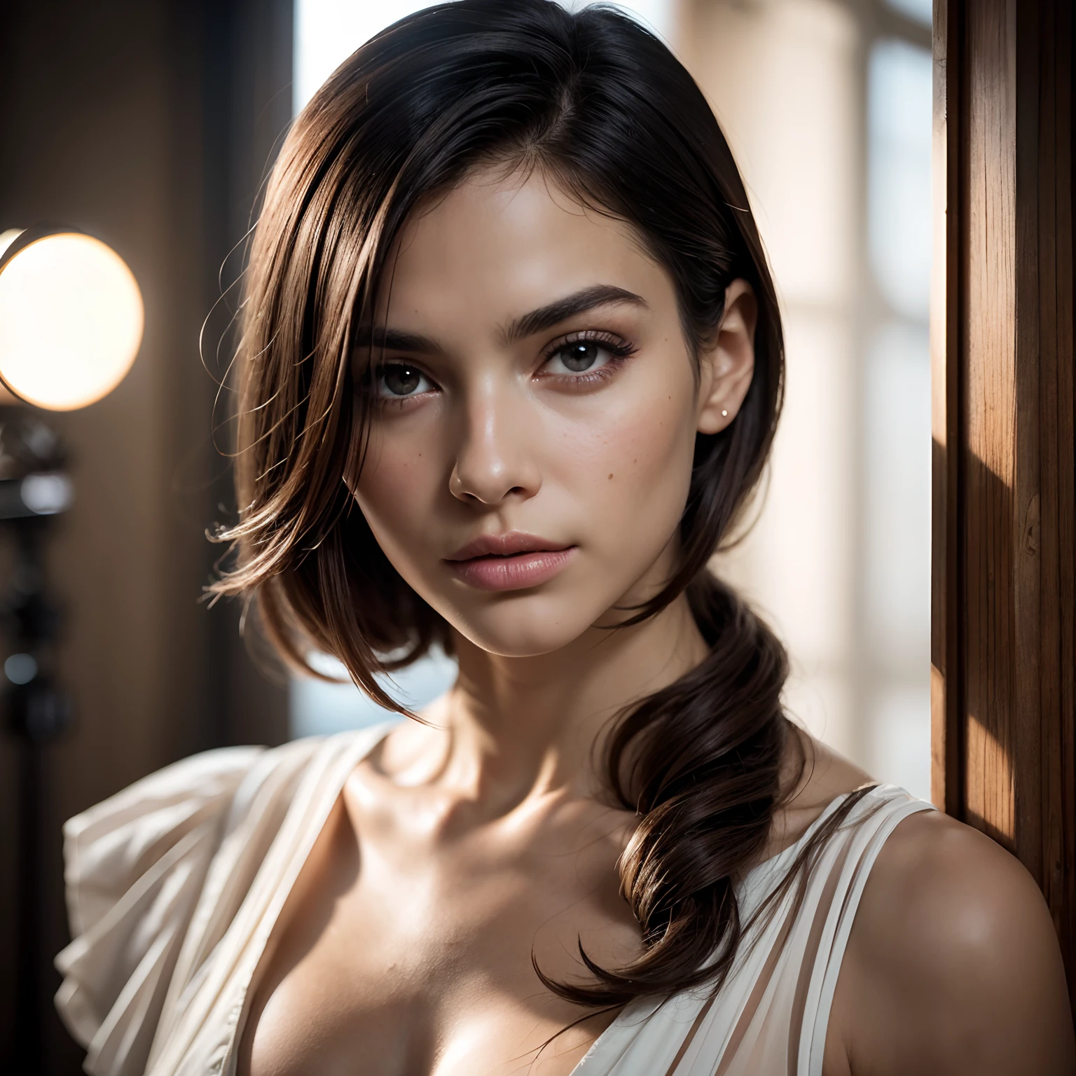 masutepiece, Best Quality, Photorealsitic, Ultra-detailed, finely detail, hight resolution, 8k wallpaper, RAW color photo, Professional, high level of detail, Handsome Man, (detailed brown eyes), foco nítido, awardwinning photo, ((Facing the front)), ((Look at viewers)), Small light, Low contrast, Facial symmetry, depth of fields, Cinematic background, central image, Lights up softly, (finely detailed skin), pale skin, Realistic skin texture, Extreme skin details, (pores: 0.1), small bust with good shape, , slim figure, Hourglass body shape