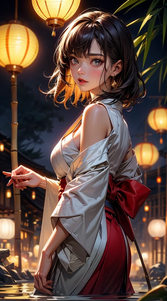 (((8k wallpaper of extremely detailed CG unit, ​masterpiece, 超A high resolution:1.2, top-quality:1.2, masutepiece, textures and maximum detail))), ((extremely beautiful lady, hair adornments, is standing, Dark hair, White kimono and red obi)), ((The best lighting, extremely delicate and beautiful, ultra-detailliert, extremely detailed beautiful face, Bright pupils, Beautiful and detailed eyes description, Very beautiful body, Top quality real texture skins)), (Exposed cleavage, Exposed shoulders and legs), ((paper lanterns, Komono, Eau, playing in the water, florals, fullmoon, cloudy ash sky, Bamboo, bamboo forrest, Reflectors)), 细致背景,