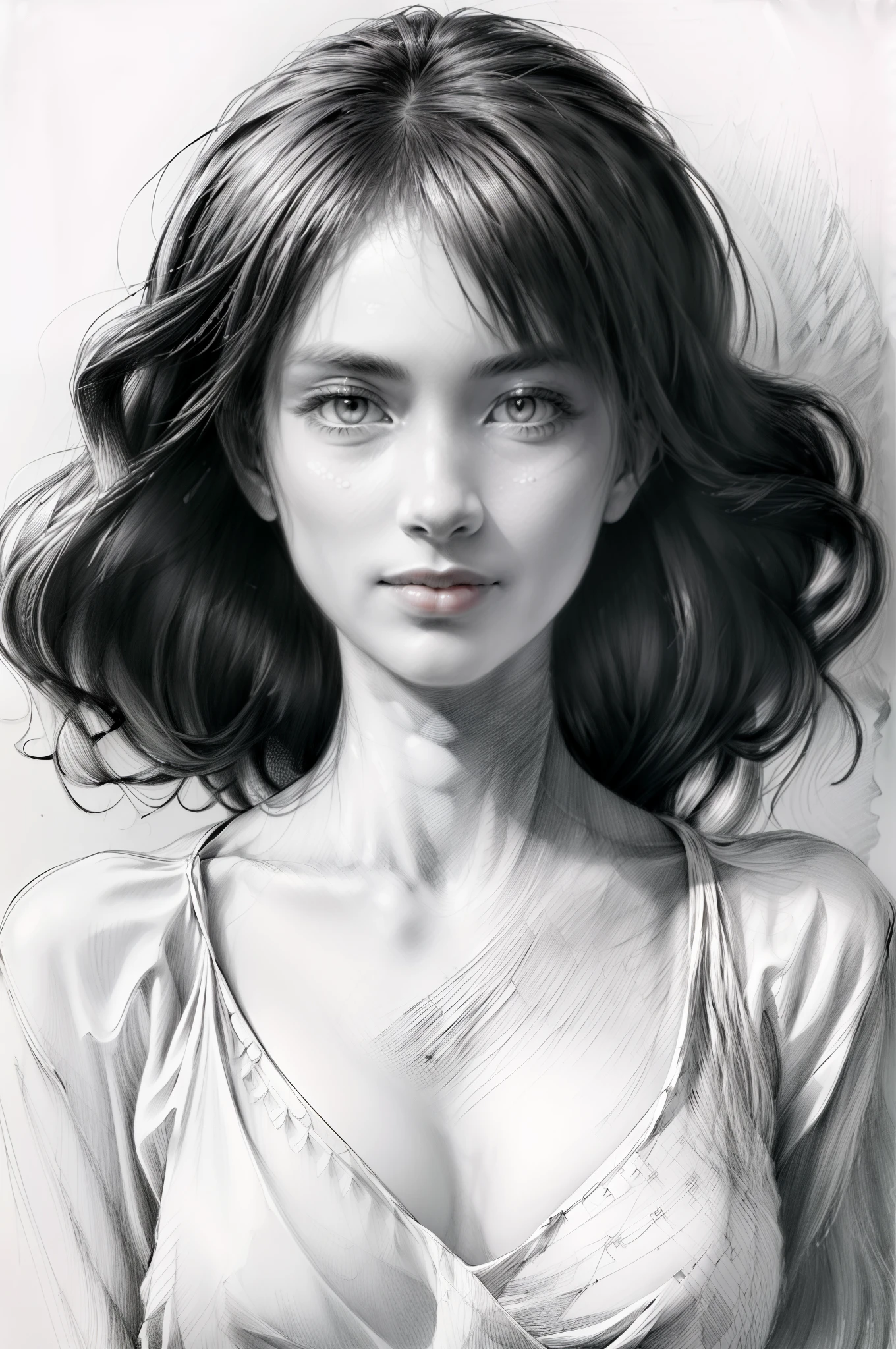 (Best quality,4K,A high resolution,Masterpiece:1.4), Monochrome style, Beautiful women, long and flowing hair,Realistic face, Masterpiece, High details, Sketch 1 with a pencil.4, Ink Sketch 1.4, Beach background, High-detail lighting, Slight smile, Fair skin, Isolated in a spacious space, Wide white margins