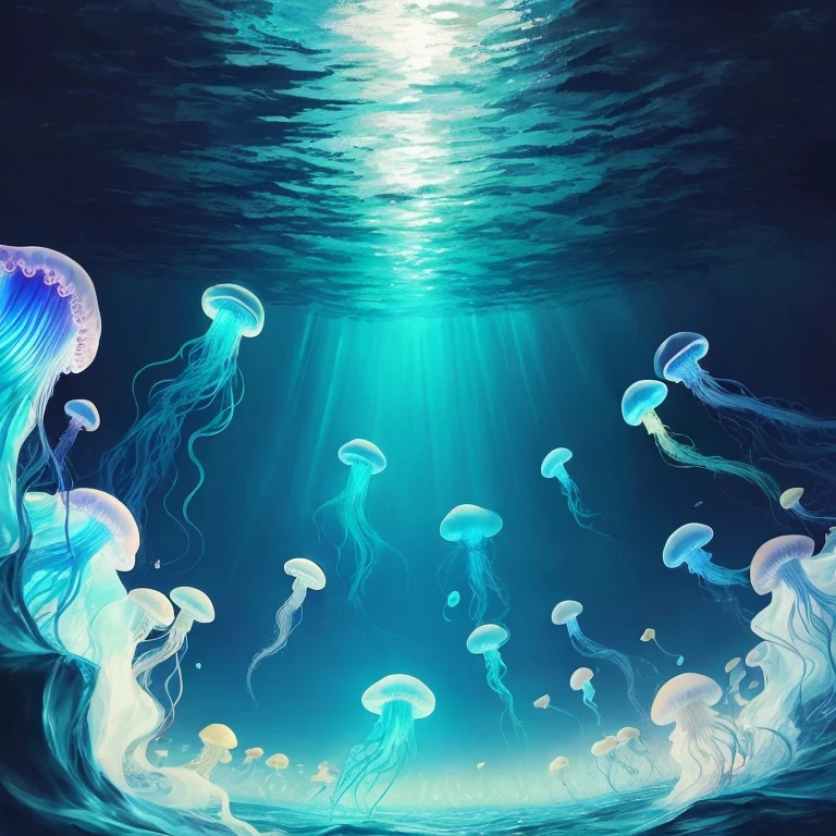 Several blue jellyfish in the dark blue sea water