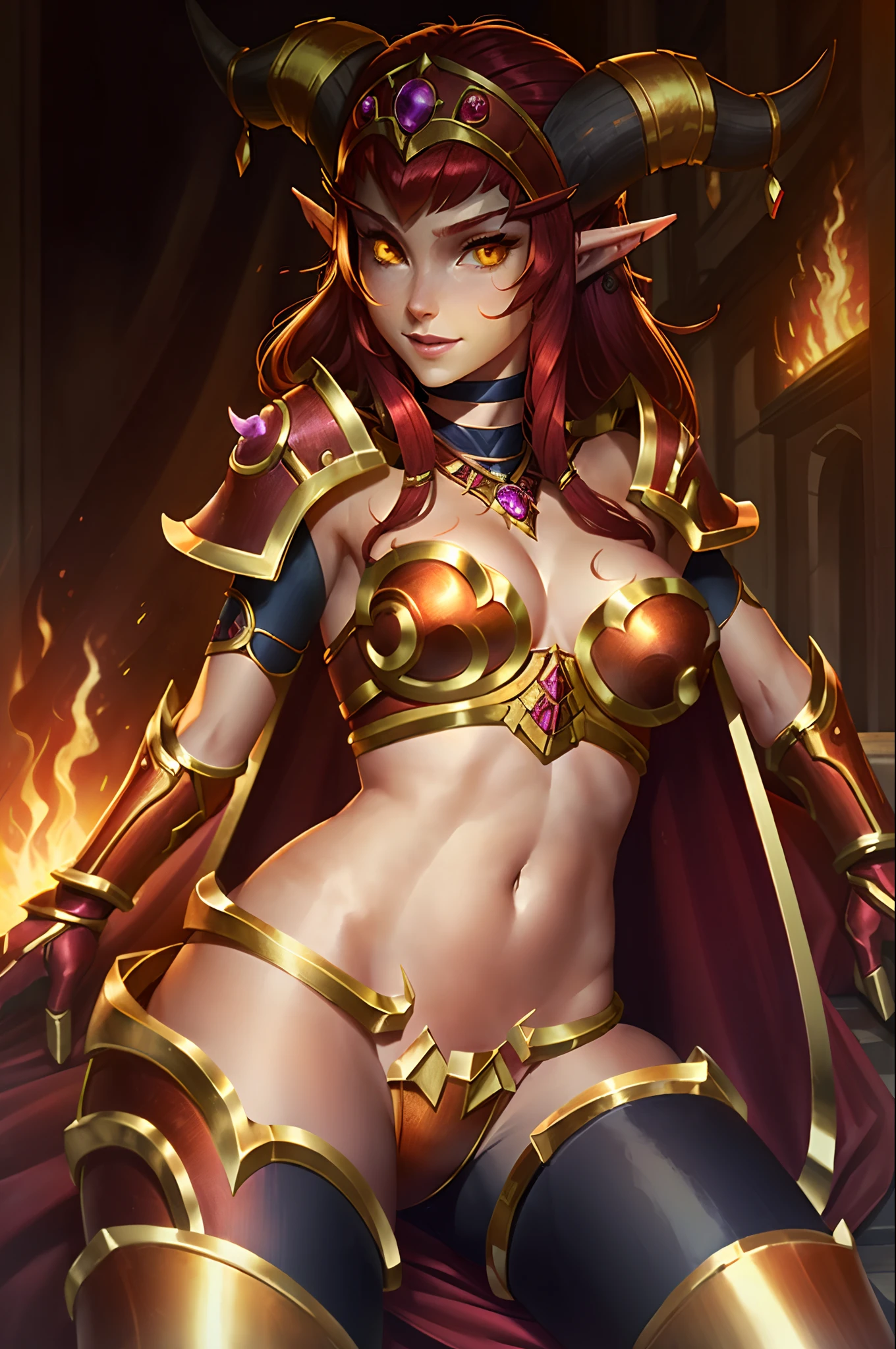 (masterpiece, best quality:1.3)
WowAlexstrasza, 1girl, solo, long hair, breasts, looking at viewer, smile, gloves, navel, medium breasts, sitting, closed mouth, braid, horns, choker, midriff, pants, cape, armor, orange eyes, fire, shoulder armor, red cape