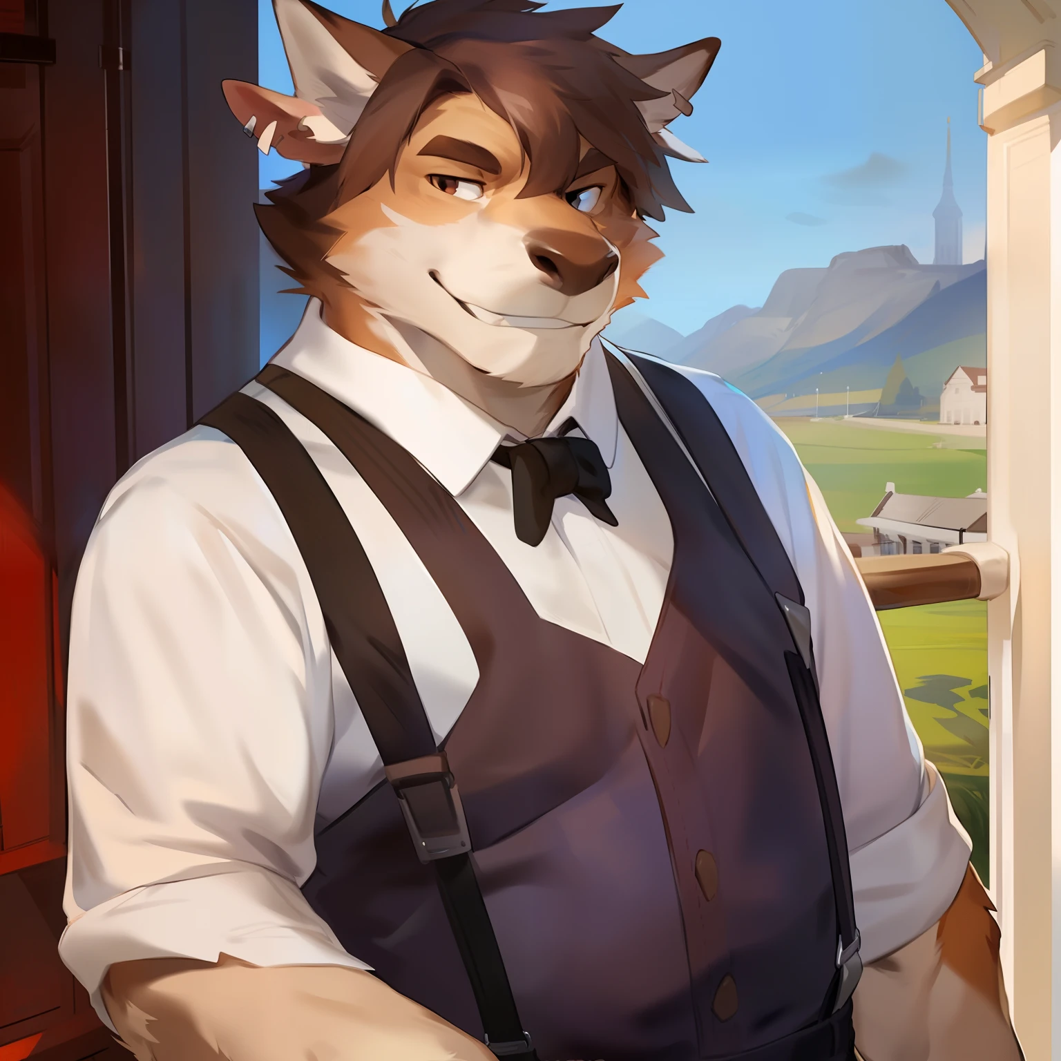 Solo, Male, furry, bulls ,bull, (short hair, snout), messy fur, messy hair, smirking, notched ear, by Bebebebebe, by Spikes, By Darkgem, by Mystic Fox 61, by Chunie, standing, suspenders, looking at viewer