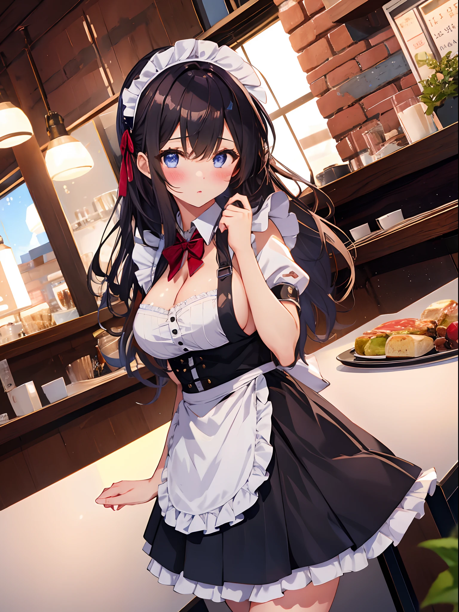 (a minigirl below the breasts of a giantess: 1.1), (height_difference:1.5), (size_difference:1.2), restaurant, food, dining, she is looking down at her, she is looking down, a giantess looking down at a minigirl, a giantess with a minigirl below her breasts, she is looking down at her, (giantess:1.6), smug, :3, (2girls:1.2), cleavage, shiny skin, a crowd of people on a table below the breasts of a giantess, a crowd of people on a platform in front of the breasts of a giantess, (multiple_girls:1.1), (rear end:1.2), (minigirl:1.7), (minigirl on a table: 1.1), sweaty, elfgirl