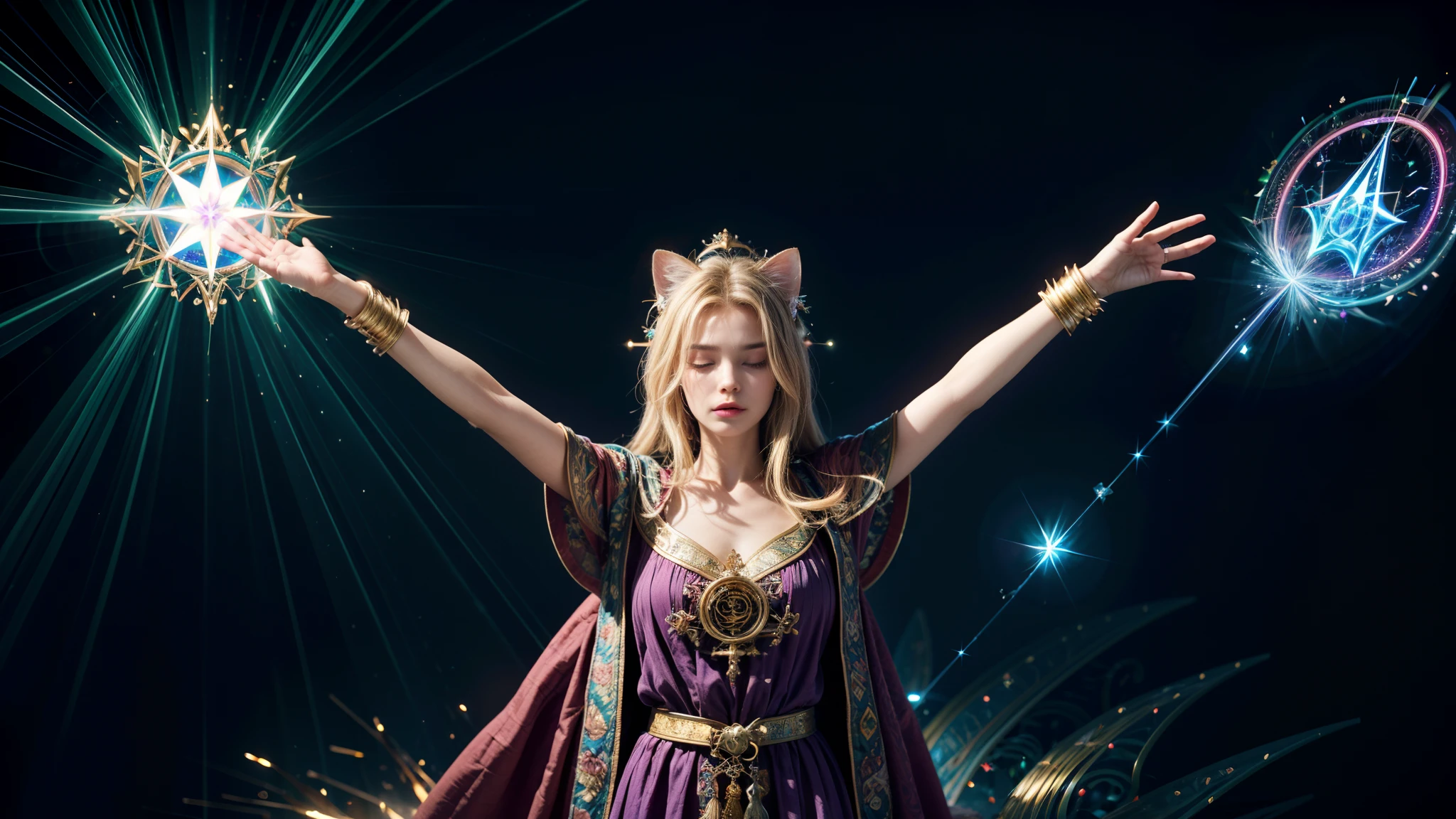 (masterpiece), (best quality:1.4), absurdres, [:intricate details:0.2], 1cat, flowing robe, Complex magic arrays, Glowing runes, shimmering aura, Intense focus, arcane spell, Crackling energy, Floating artifacts, Ethereal staff，Flashing candles，Swirling mist，sparkling motes，Mysterious crystals，Glowing imprint，Complex hand movements，Otherworldly chanting，Mysterious symbol，Powerful prayer，Transcendent consciousness，