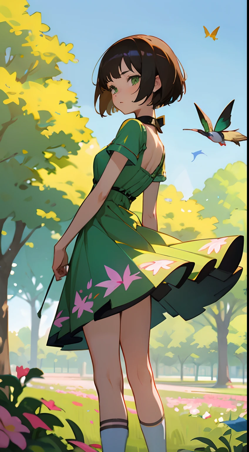 anime style
young brunette woman with short Chanel hair, green eyes, in a mini small transparent dress, walking in the park with her dog on a leash,
a wind lifts the dress showing her butt,
she is ashamed,
on the right side we see a hummingbird in the flowers, add some yellow butterflies flying