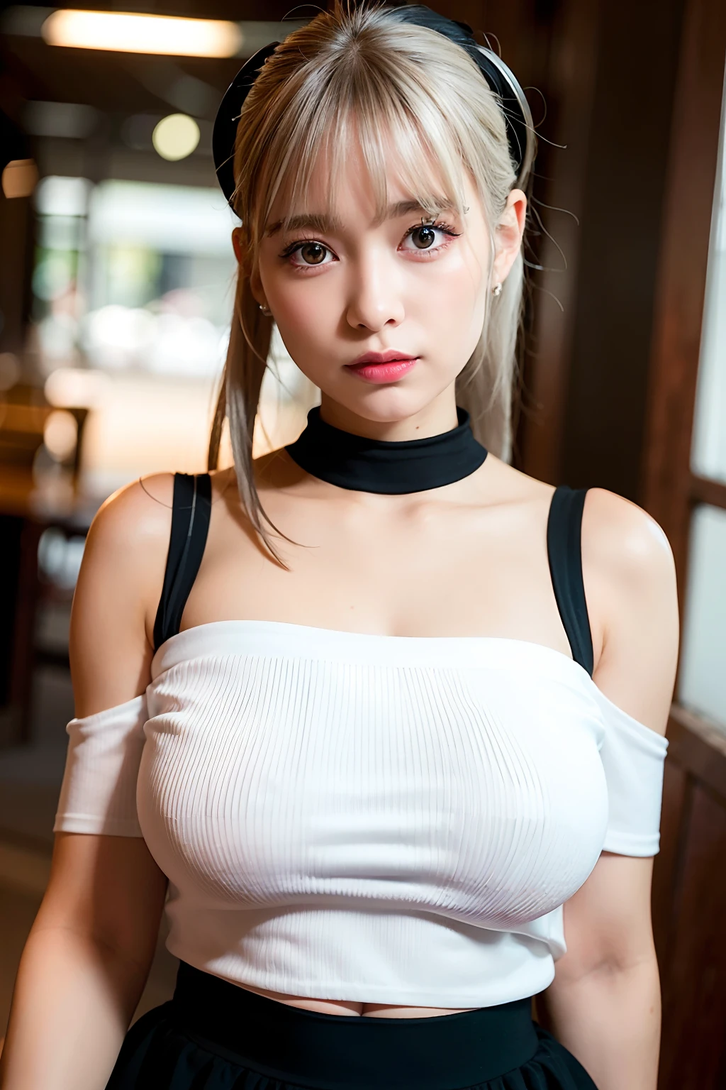 best quality, ultra high res, (photorealistic:1.4), 1girl, off-shoulder white shirt, black tight skirt, black choker, (faded ash gray hair:1), (huge breasts:1.2), looking at viewer, closeup ,