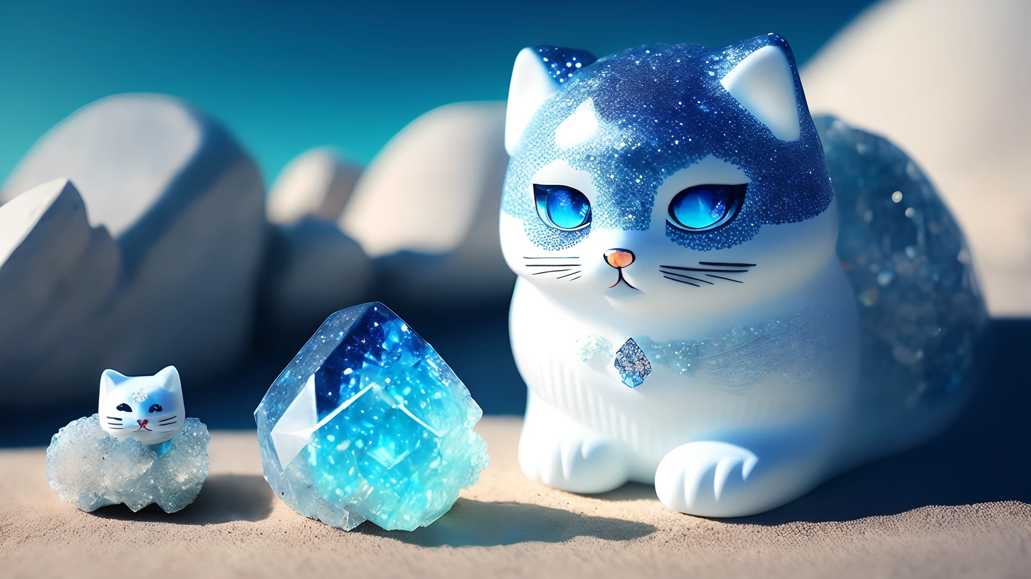 A lucky cat made of large crystals and stones lies on Murovnik around sand and sparks,It's all white and blue。Realistic style,Cute style。Detail the picture。