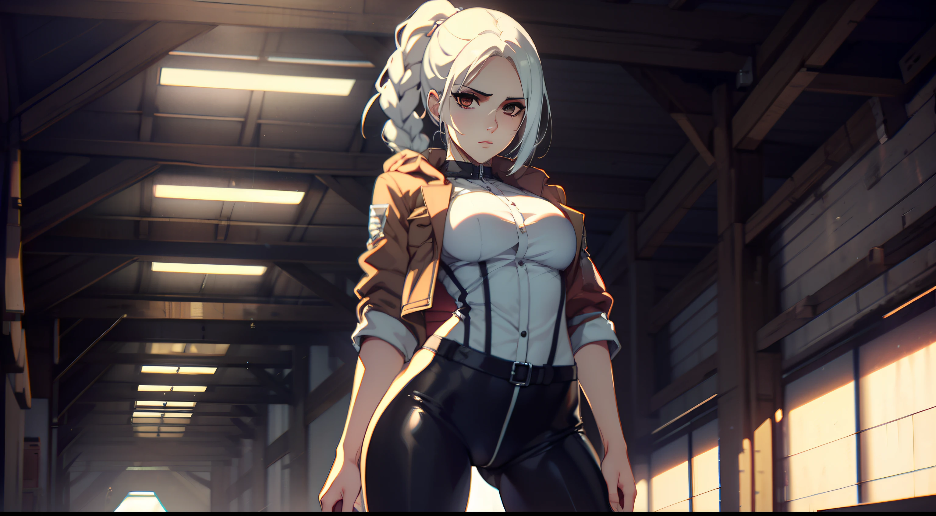 photo portrait, Beautiful figure, Lucy from the anime series Cyberpunk Edge Runner, Erotica, Nudie, half naked, a 1girl, facing the viewer, Beautiful figure (Proper Anatopy 1.1.), in full height (Body Full 1.1), Slim, Slender figure, Slender figure, shapely legs, leather pants, Anime style, white colored hair, white colored hair, that disappear at the ends, Bob hairstyle, short white jacket, tight black suit, Cutouts on the shoulders, Cutouts on the chest, Skinny black leather pants, Very detailed face, Very beautiful face, Very sexy ass, in full height (Body Full 1.1), Tall android girl, small elastic breasts, Little ass, Hair is gathered in a braid, Beautiful slim figure, small buttocks, A braid around the head, Round braid, Red Star in the Forehead, Short Brown Jacket, black tight suit, darkly,gris & Dark Style:1.1), Light, femininity,tmasterpiece,beste-Qualit,higly detailed,Visible to the feet, 8K resolution, High Sharp, 8K resolution, higly detailed, 8K UHD, Professional lighting, Photon mapping,physical based rendering, a perfect face, detailed face and body, ray traced, expressive look, Cinmatic Lighting,elastic small breasts, Heightened sexuality,