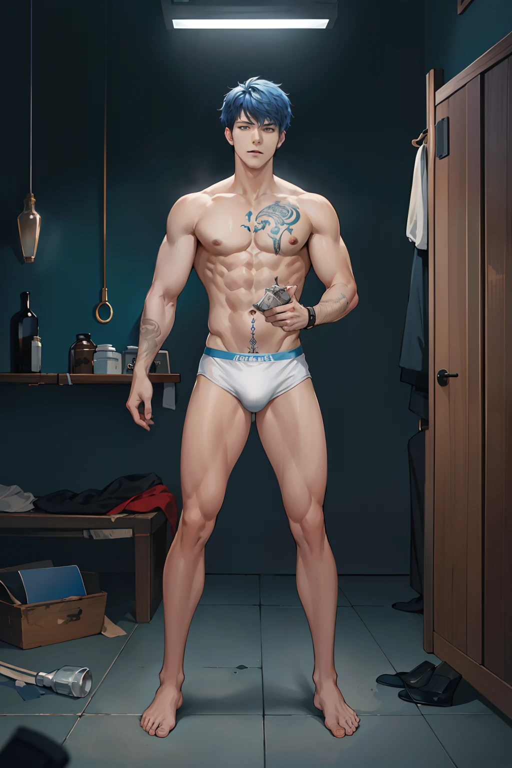high resolution, ultra detailed, best quality, cinematic lighting, 20yo male, full body view, sport body, topless, veined body, white blue briefs, bully, tattoo, anger, oily body, body hairs