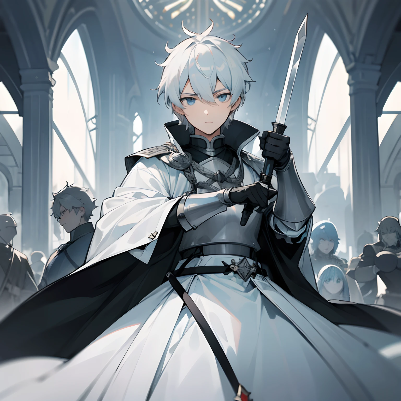 masterpiece、High image quality、Charlemagne、Fate、male people、Looking at the camera、Gentle eyes、Black and white hairstyle、raise a hand、Armor based on white、Equipped with a sword at the waist、Be cool
