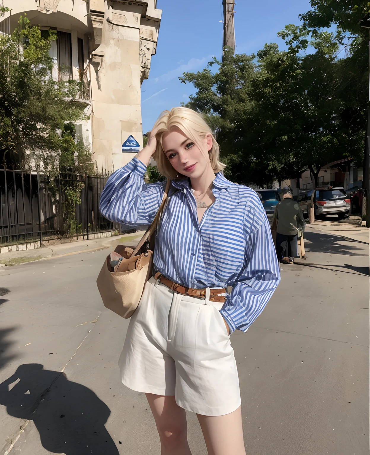 mulher, americana, 25 anos, pale skin and freckles, olhos cinzas, nariz delicado, soft and delicate lips, Cabelo blondie cinza longo e ondulados, sorriso meigo