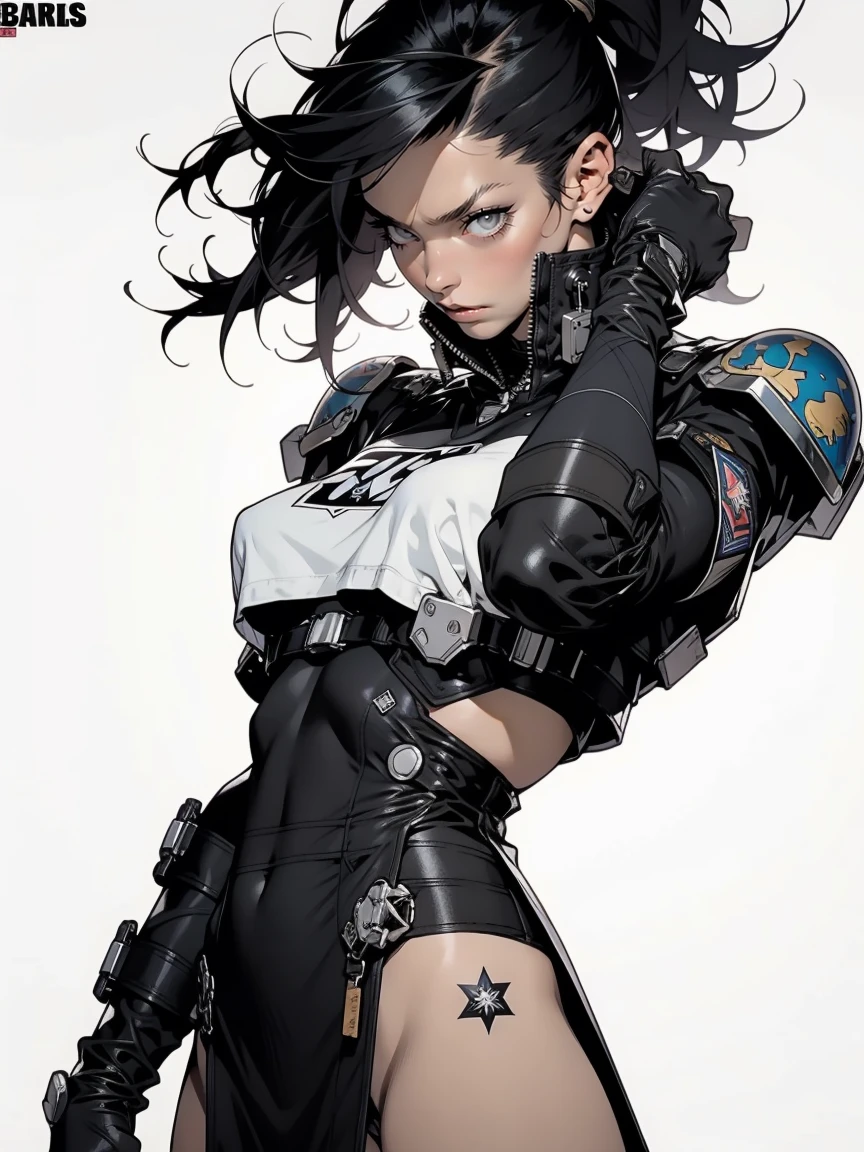 (((woman))), (((best qualityer))), (((tmasterpiece))), (((AS-Adult))), A 35-year-old female warrior with a perfect body, Brooklyn Gladiators, Hand with steel gloves and metal tip, (( under boobs )), Simon Beasley, almost naked(Simon Bisley)Urban barbaric style for《heavy metal》MagazineCover, Bionic hands, Colorful mohawk hair, Minimum clothing, armure , Ink-stained tips and rivets, 5-pointed star tattoo, (((full bodyesbian))), with short black hair,White bangs cover the forehead