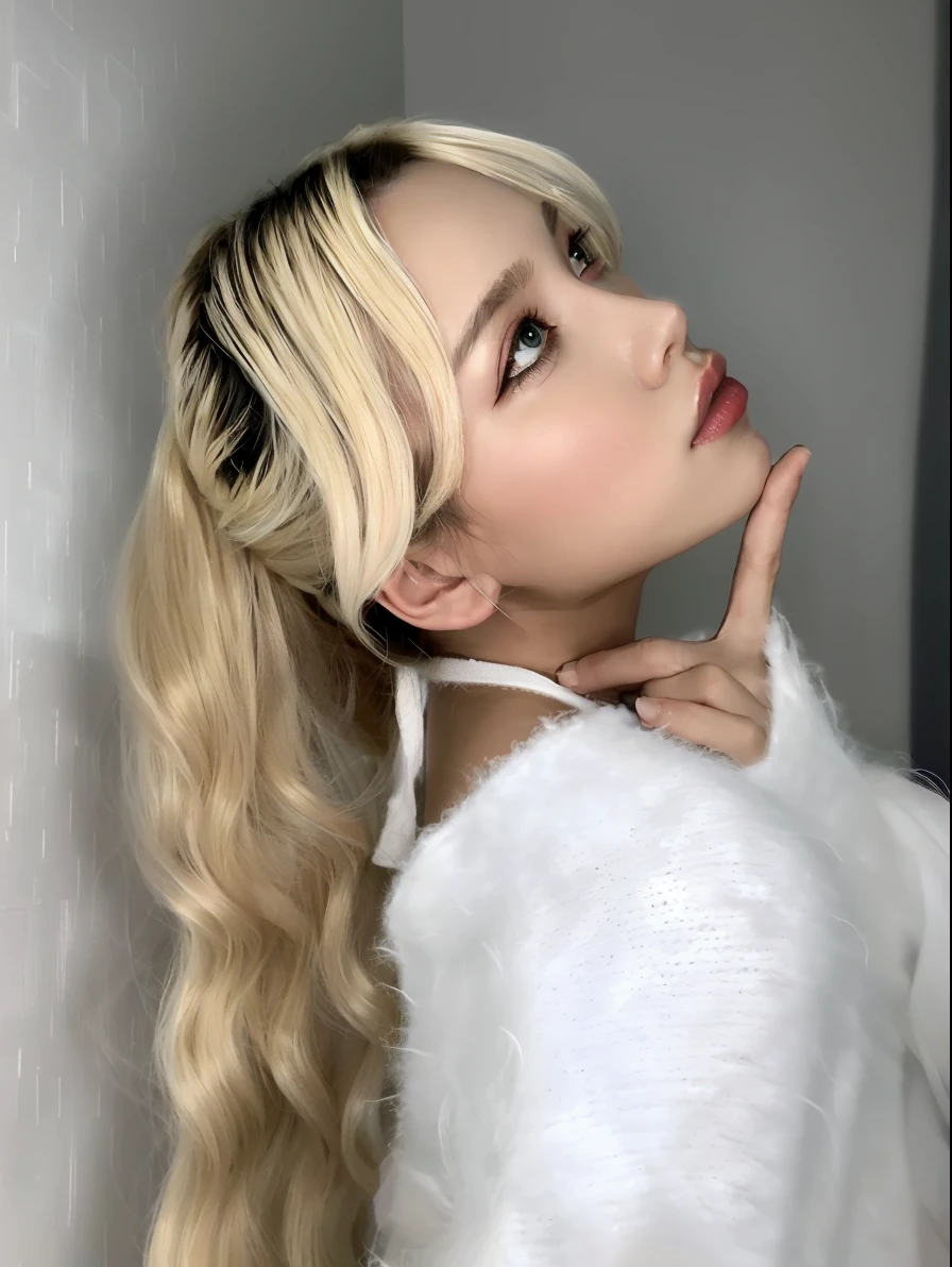 Blonde woman posing for photo with long hair and white sweater, roseanne park of blackpink, nffsw, Larisa Manobal, ava max, White ponytail hair, with long white hair, with white long hair, ulzzangs, Choi Hong Hwa, a girl with blonde hair, Korean Girl, long white hair and bangs, Jinyoung Shin, white - blond hair