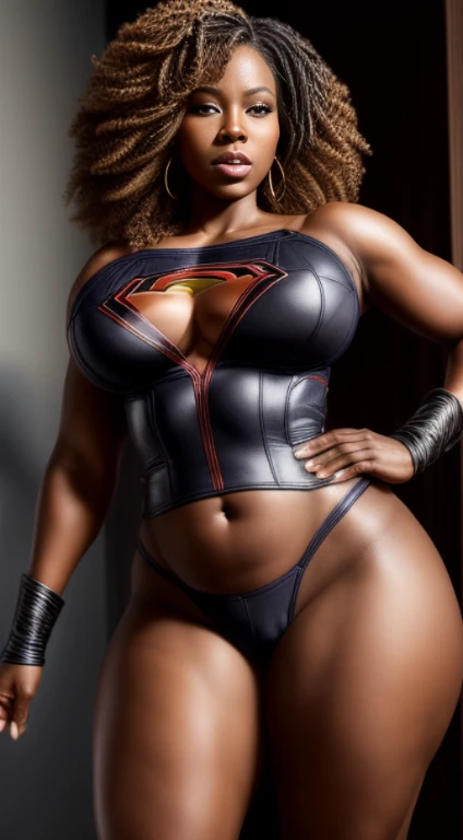 (Obra-prima Black woman beautiful , superheroine), (Ebony Pelé), (BBW, 45 Anos de idade), quadris enorme, cintura fina, (seios grandes: 1,9), (clivagem profunda), tiro da cintura, (cabelos longos e lisos), (Supergirl constume sexy) , coxas grossas, pernas grossas, sensual, hot, is hurting, (Sagging Tits: 1,9) , decotes enormes. ((mesmo personagem, headpe, side)), It's in a white room, natural lightting. Encostada em uma mesa com as pernas abertas
