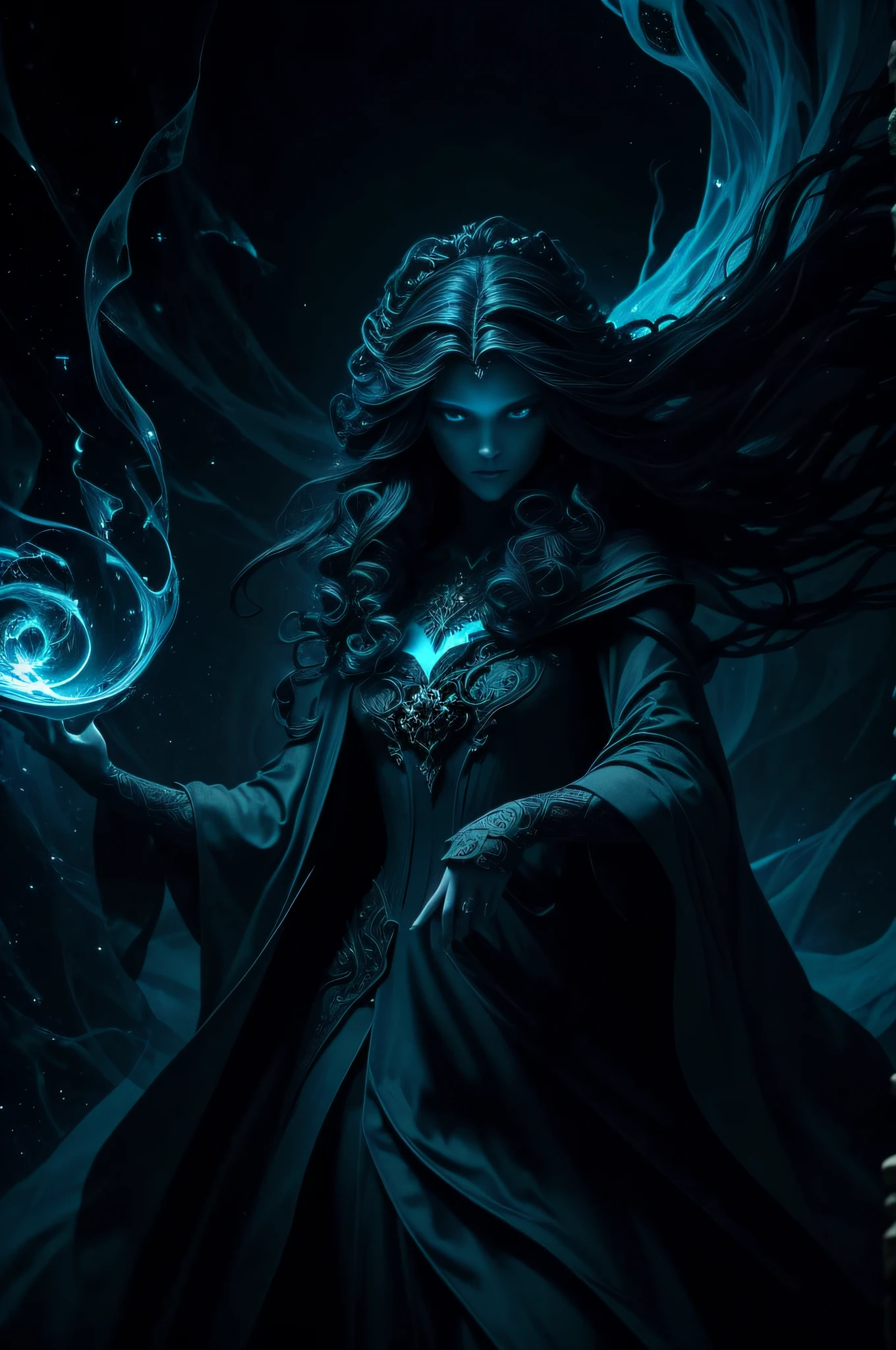 (artistic masterpiece, exceptional resolution, lavishly intricate, impeccable:1.3), macabre tableau, 1apparition, (transcendent horror, haunting beauty:1.3) cryptic eldritch specter, full-figure manifestation, robes undulating with spectral fluidity, emblematic specter art, (skin a shimmering obsidian:0.6), bioluminescent azure glows casting predatory shadows, positioned before a vortex of void and stars, strands of hair floating like tendrils reaching into the abyss, hands gesturing an arcane invitation.
