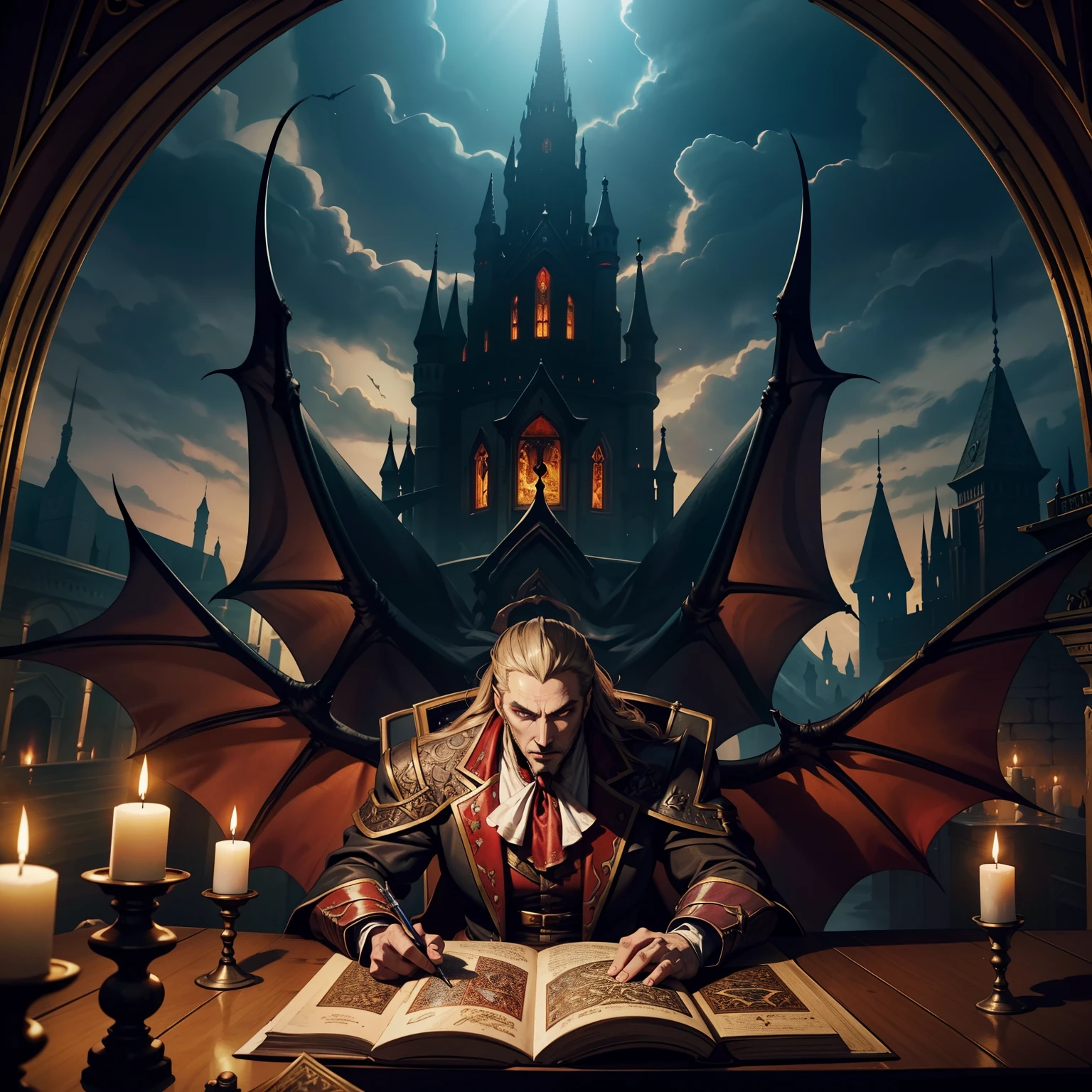 Highest quality,Masterpiece,Handsome and beautiful vampire mage reading in the dark room, dark but detailed digital art, Book of the Dead, horror fantasy art, detailed 4k horror artwork, Horror stories, dark fantasy horror art, Crypt legends, fantasy horror art, Read an evil devil's book, highly detailed dark art, portrait of the old necromancer